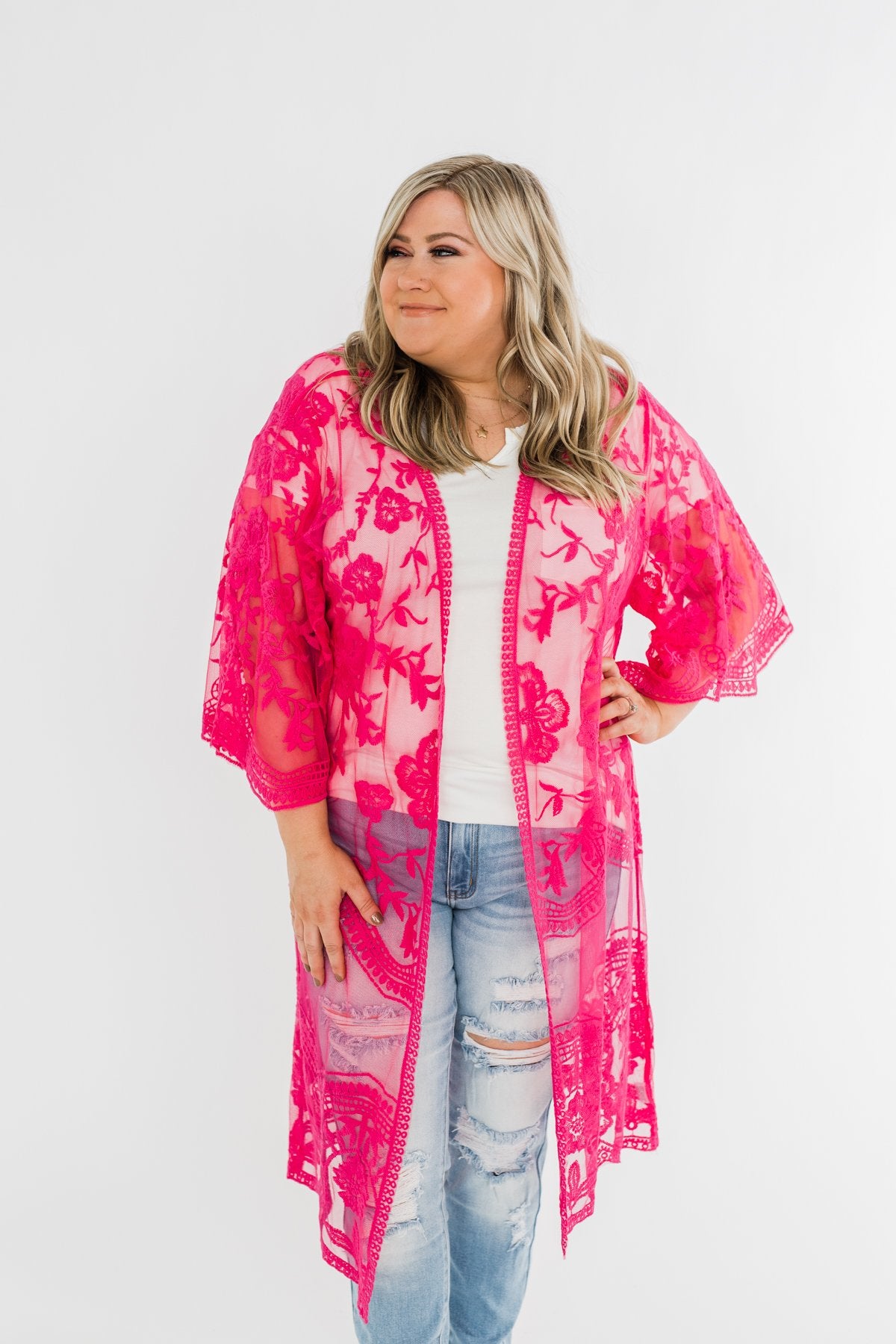 Long Sheer Floral Lace Kimono- Hot Pink