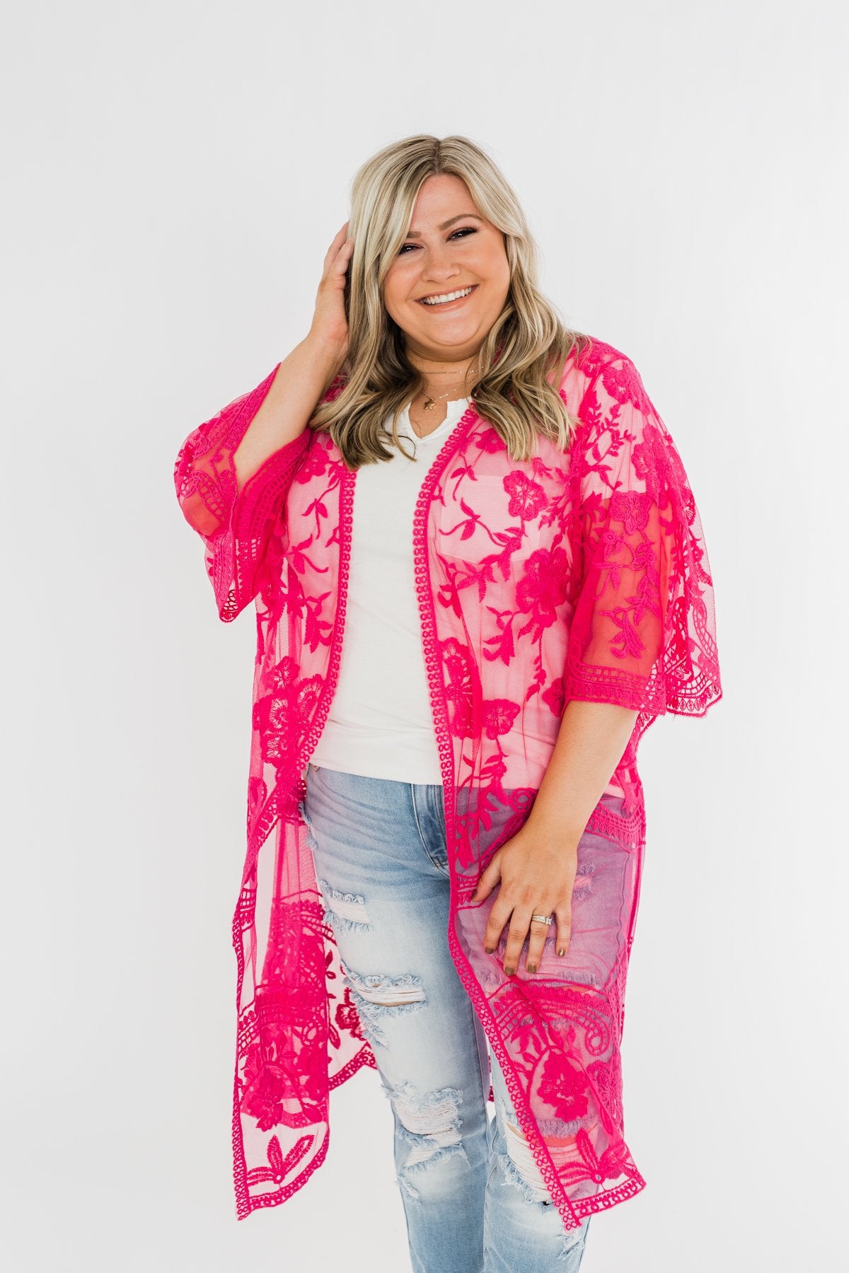 Long Sheer Floral Lace Kimono- Hot Pink Long Sheer Floral Lace Kimono- Hot Pink