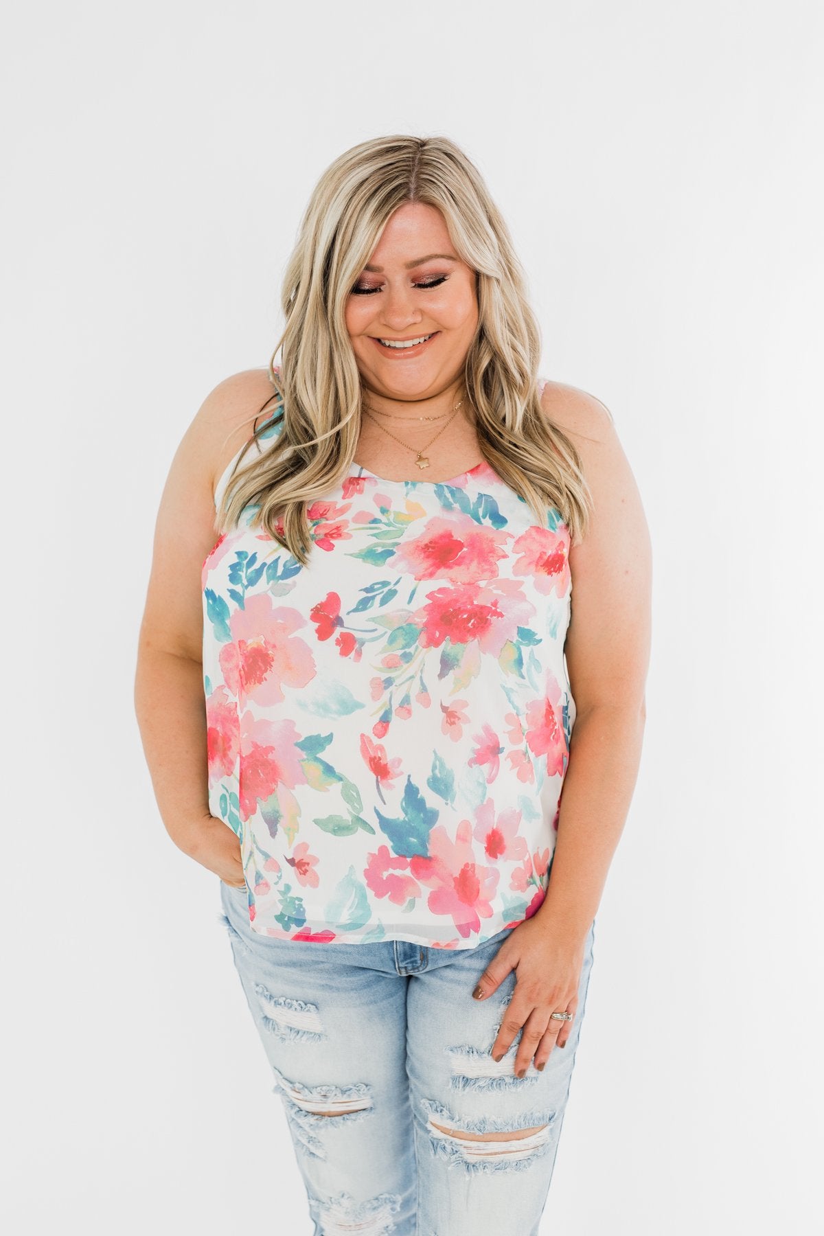 Pure Bliss Floral Shift Tank- Ivory