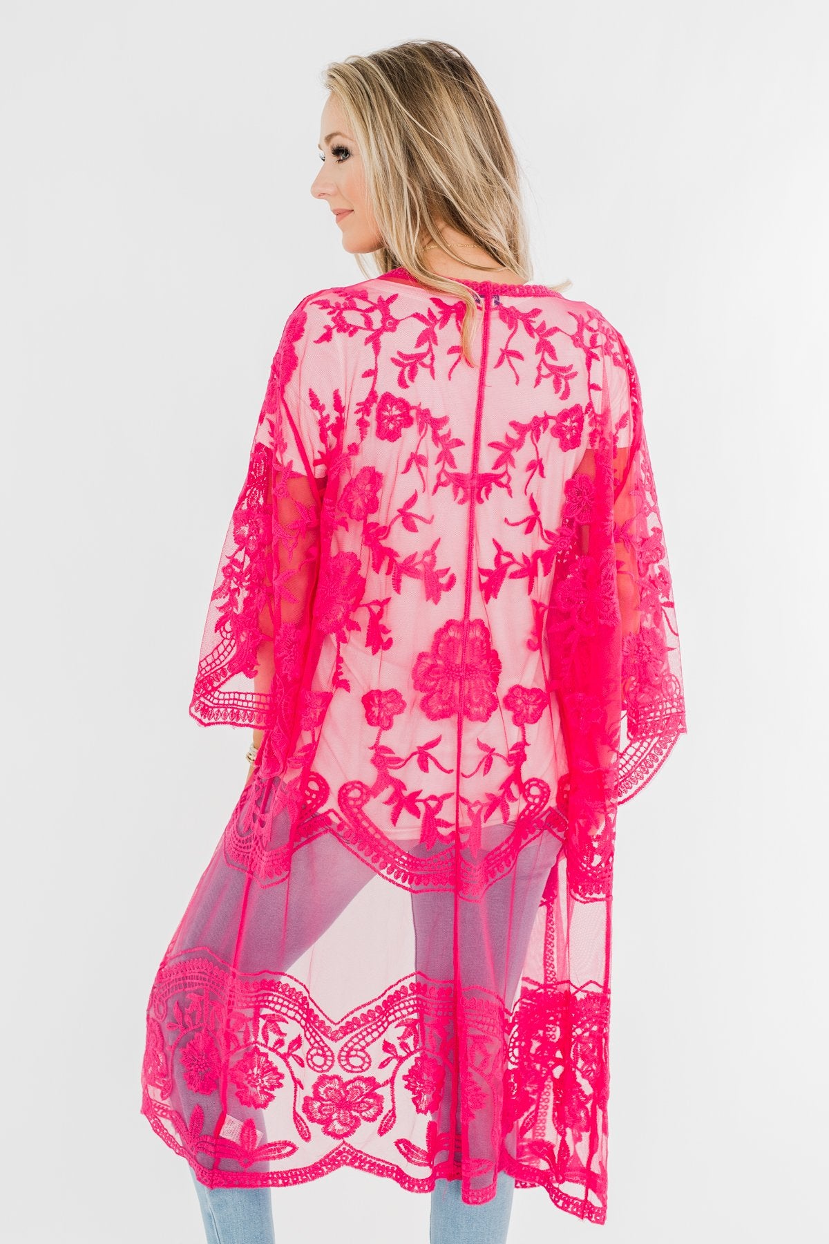Long Sheer Floral Lace Kimono- Hot Pink Long Sheer Floral Lace Kimono- Hot Pink