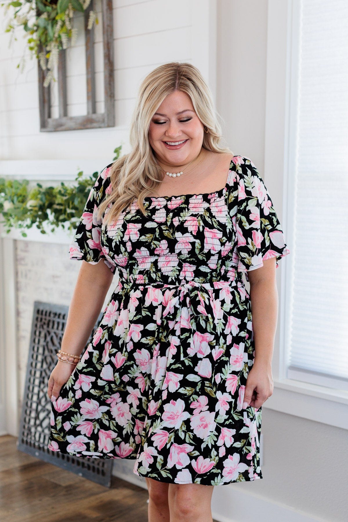 Perfectly Poised Flutter Sleeve Mini Dress- Black & Pink