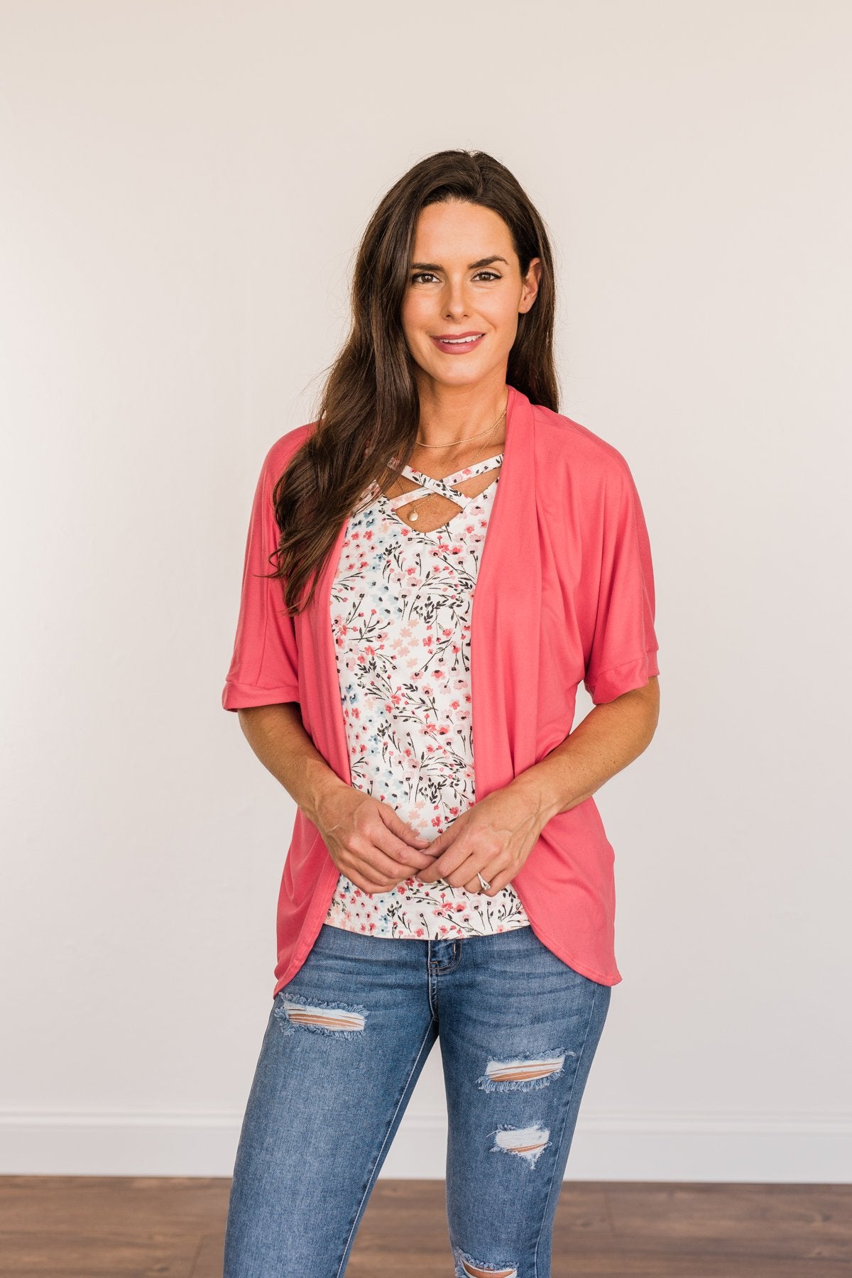Tender Moments Short Sleeve Kimono- Deep Coral