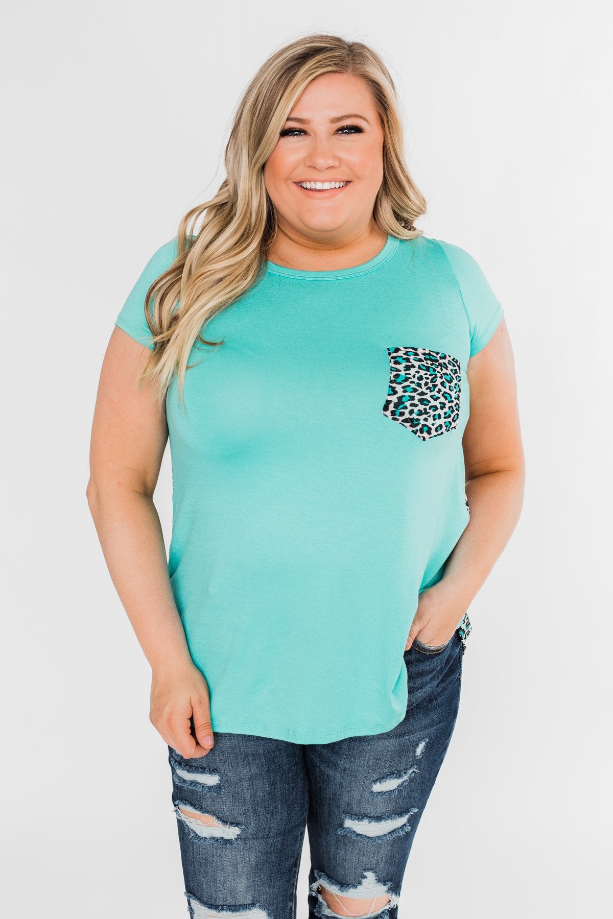 Feeling Fierce Leopard Pocket Top- Aqua