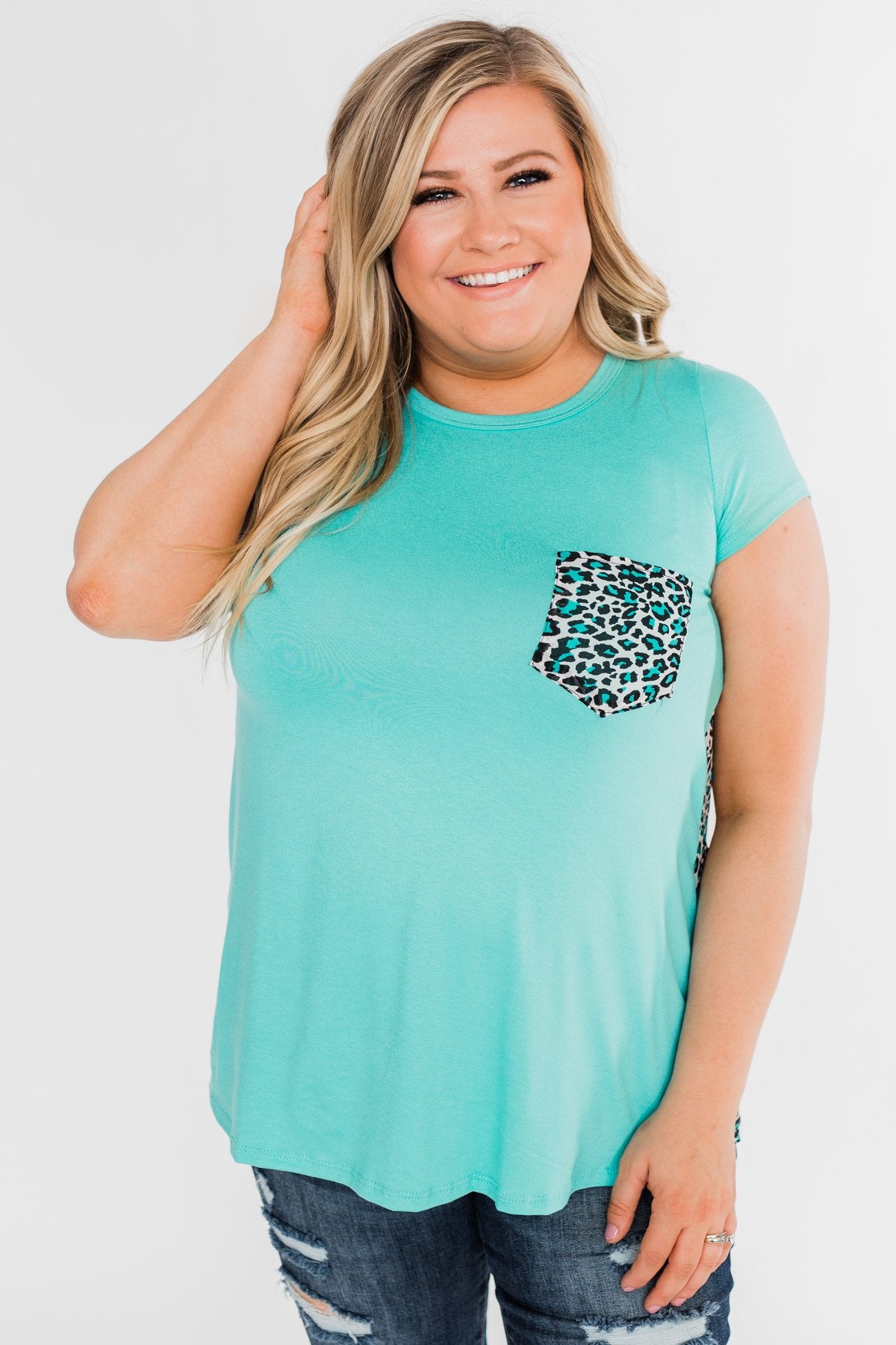 Feeling Fierce Leopard Pocket Top- Aqua