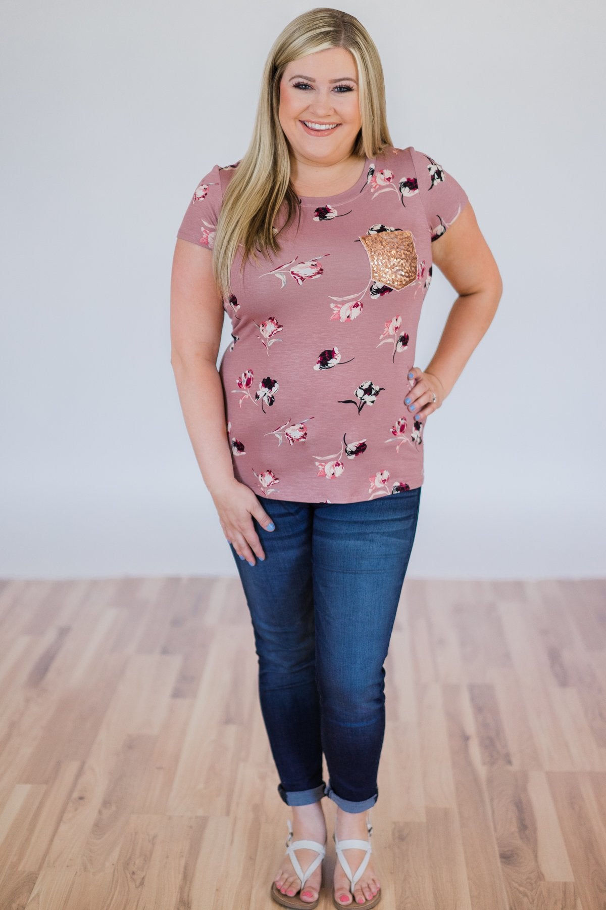 Blooming Romance Floral Glam Pocket Top- Mauve