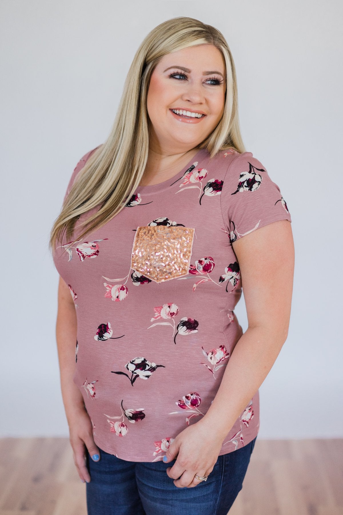 Blooming Romance Floral Glam Pocket Top- Mauve