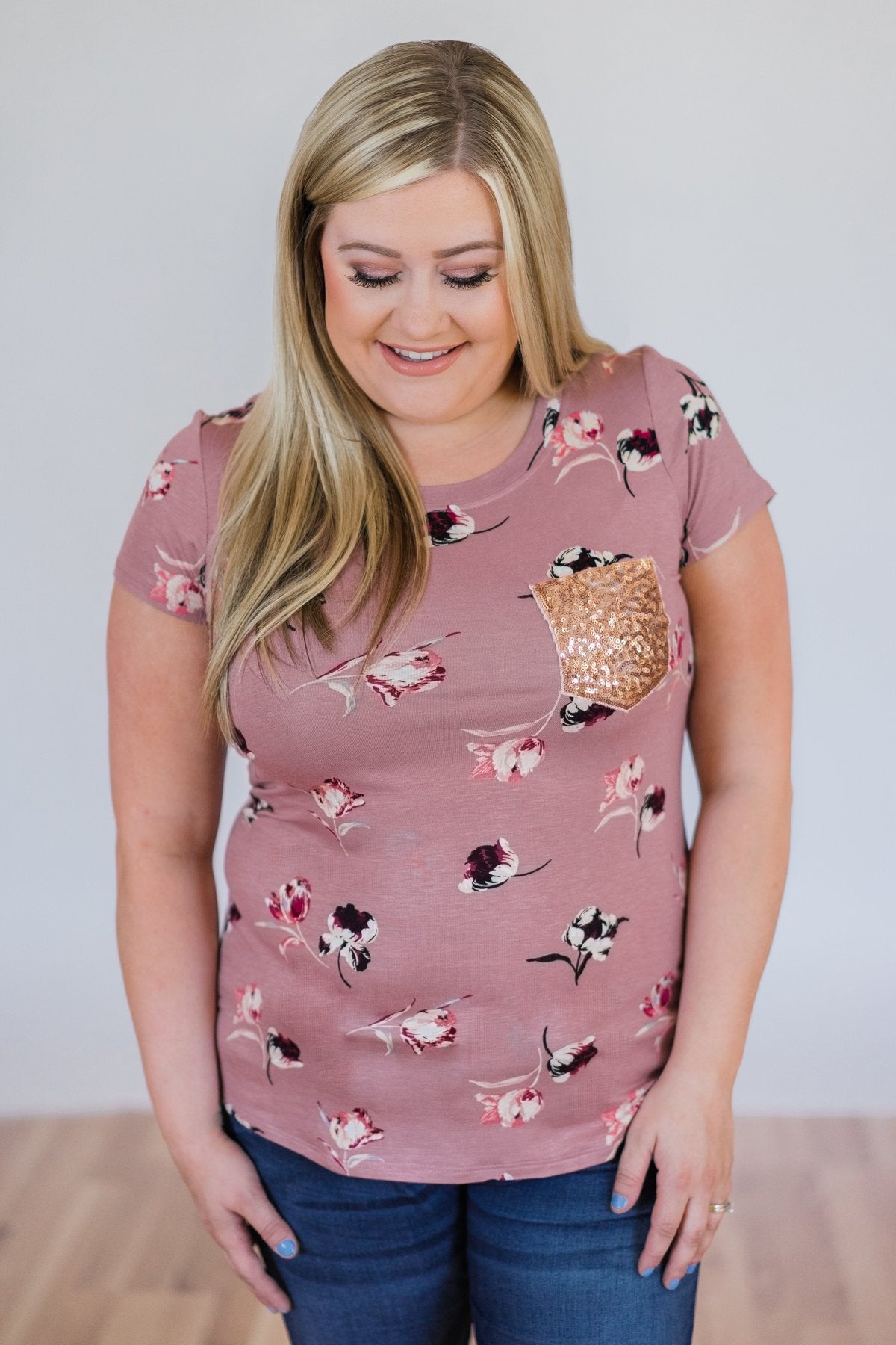 Blooming Romance Floral Glam Pocket Top- Mauve