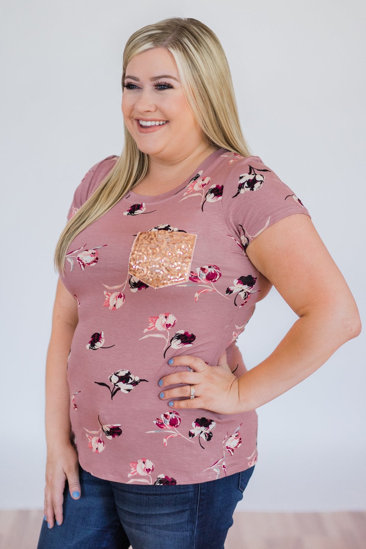 Blooming Romance Floral Glam Pocket Top- Mauve