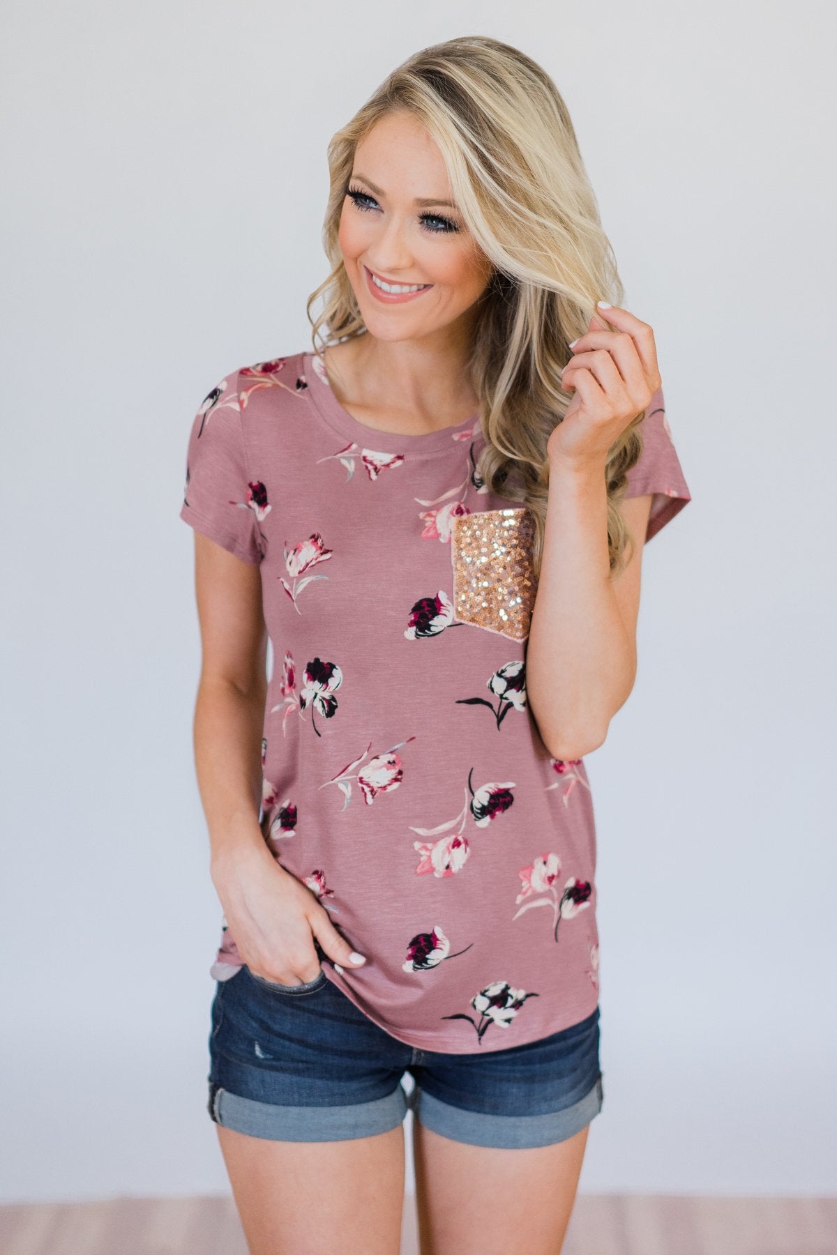 Blooming Romance Floral Glam Pocket Top- Mauve