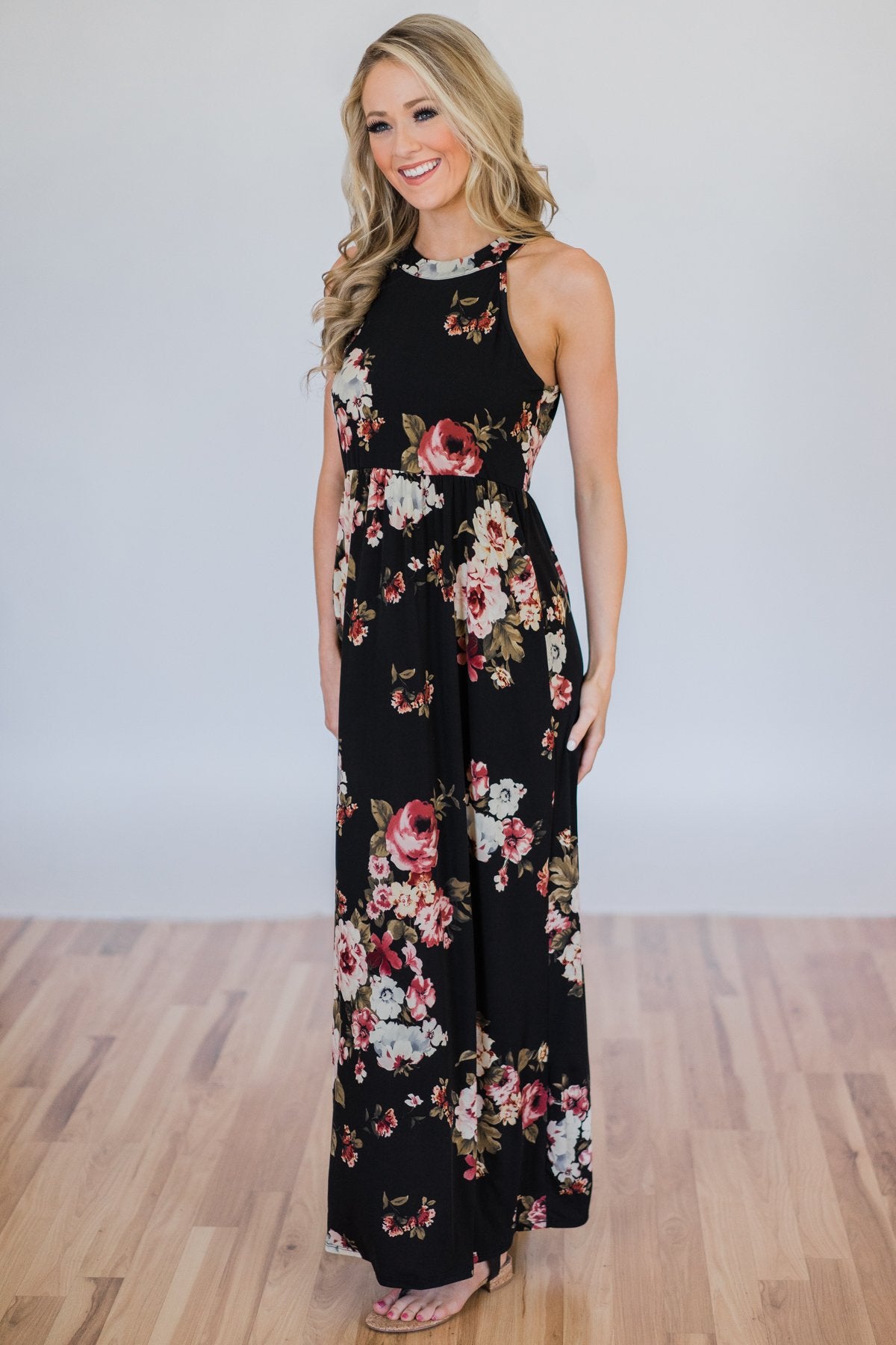 Tonight's the Night Floral Halter Maxi Dress- Black – The Pulse Boutique