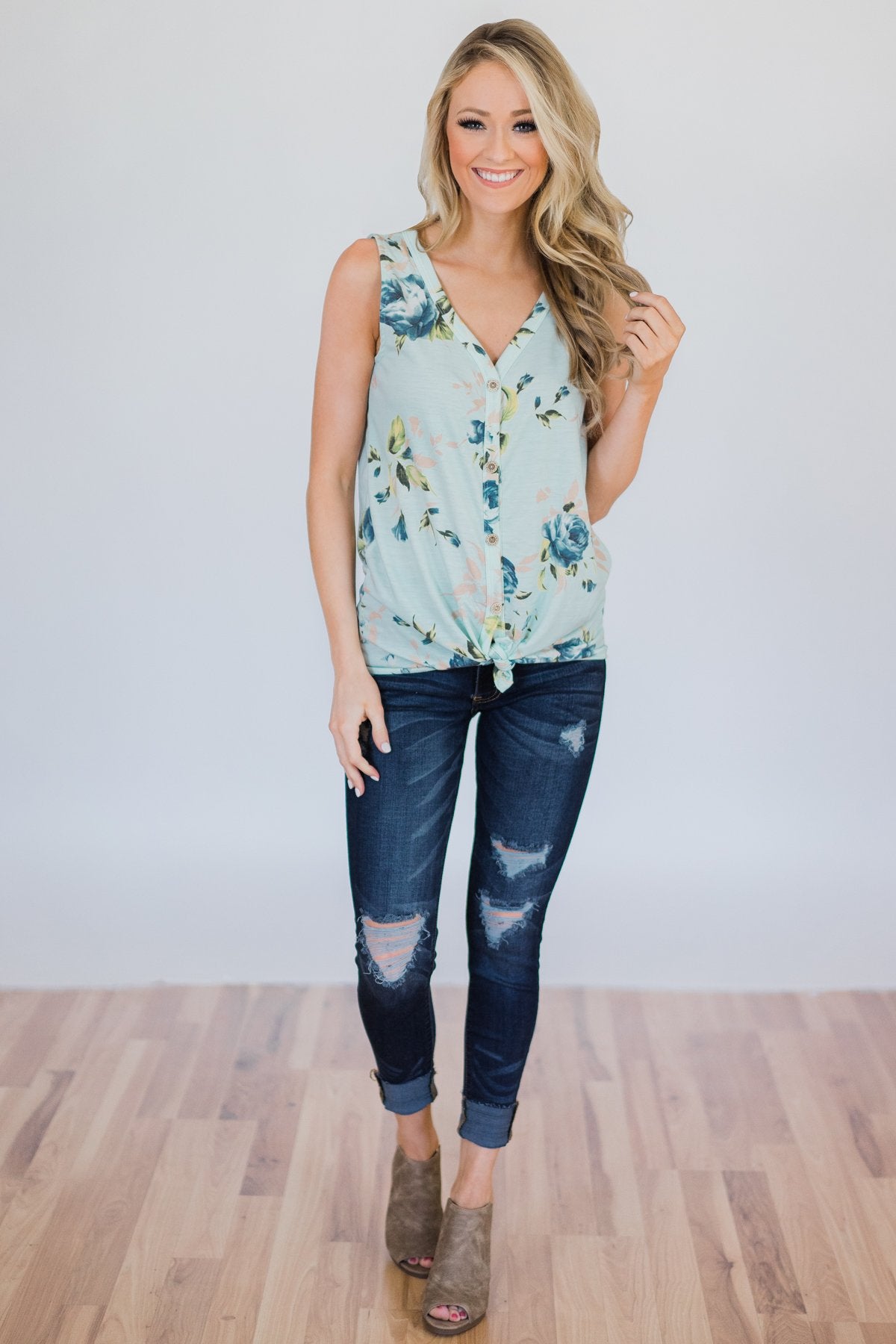 Touch the Sky Floral Tie Tank Top- Mint