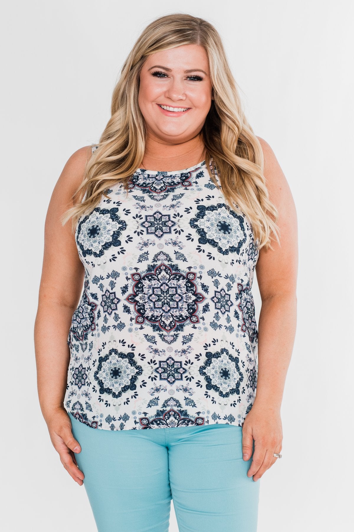 Dance With Me Geo Pattern Tank Top- Ivory & Navy
