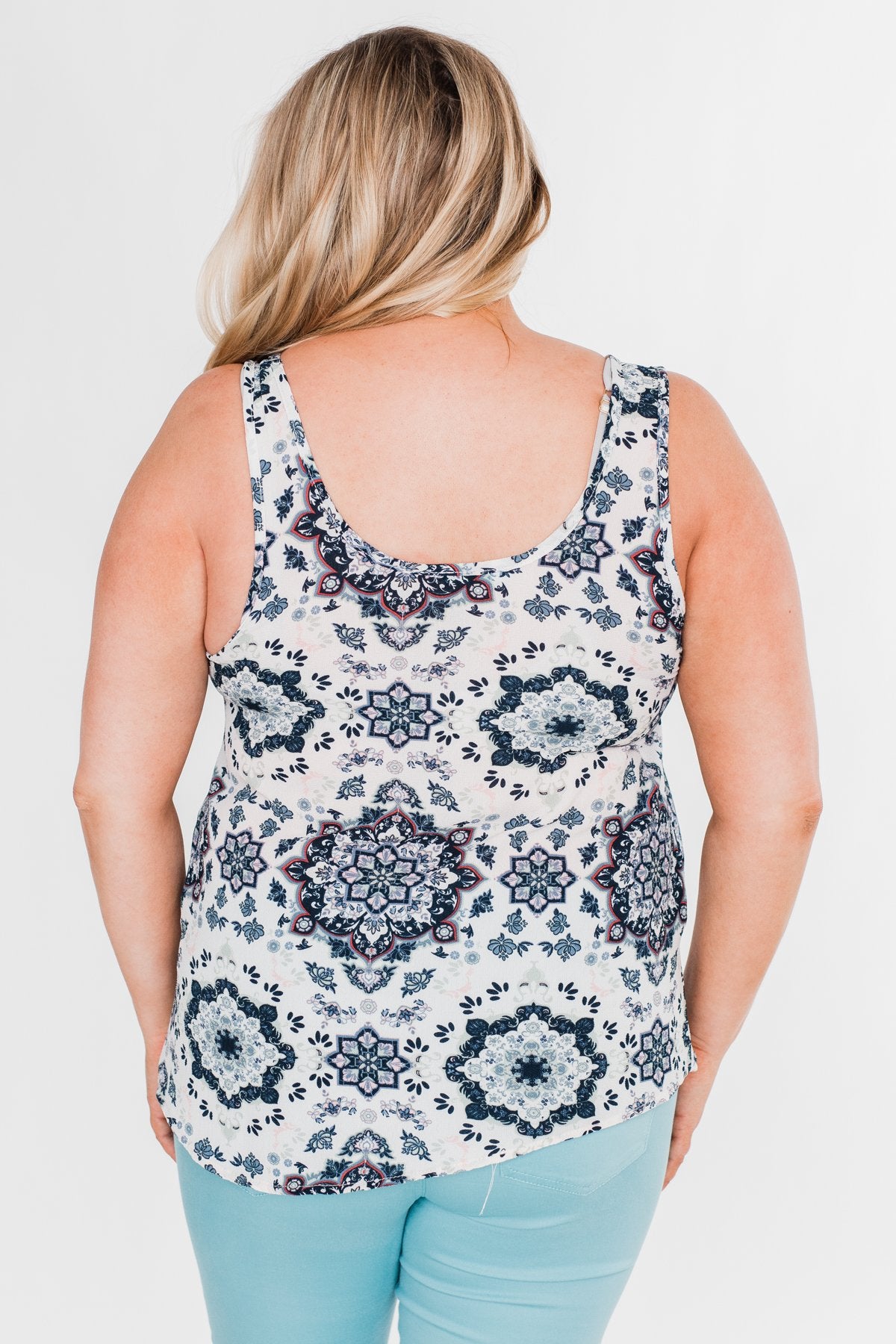 Dance With Me Geo Pattern Tank Top- Ivory & Navy