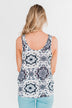 Dance With Me Geo Pattern Tank Top- Ivory & Navy