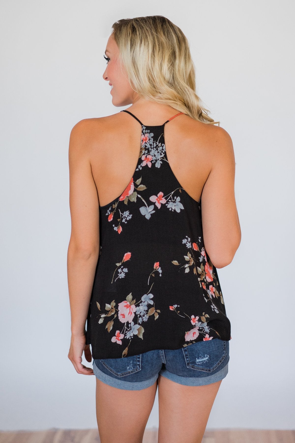 Night is Still Young Floral Racerback Tank Top- Black