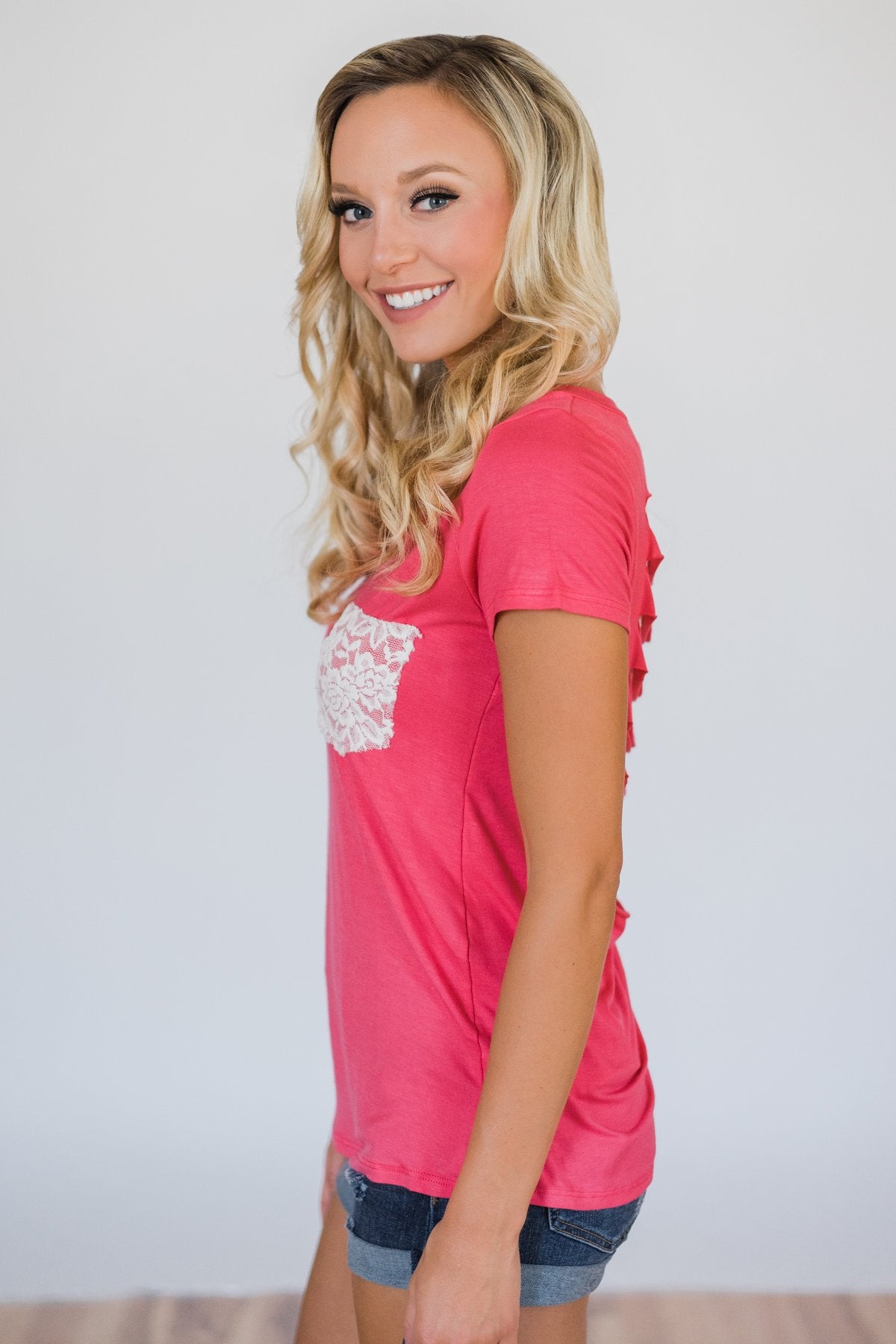 Torn Over You Lace Pocket Top- Watermelon