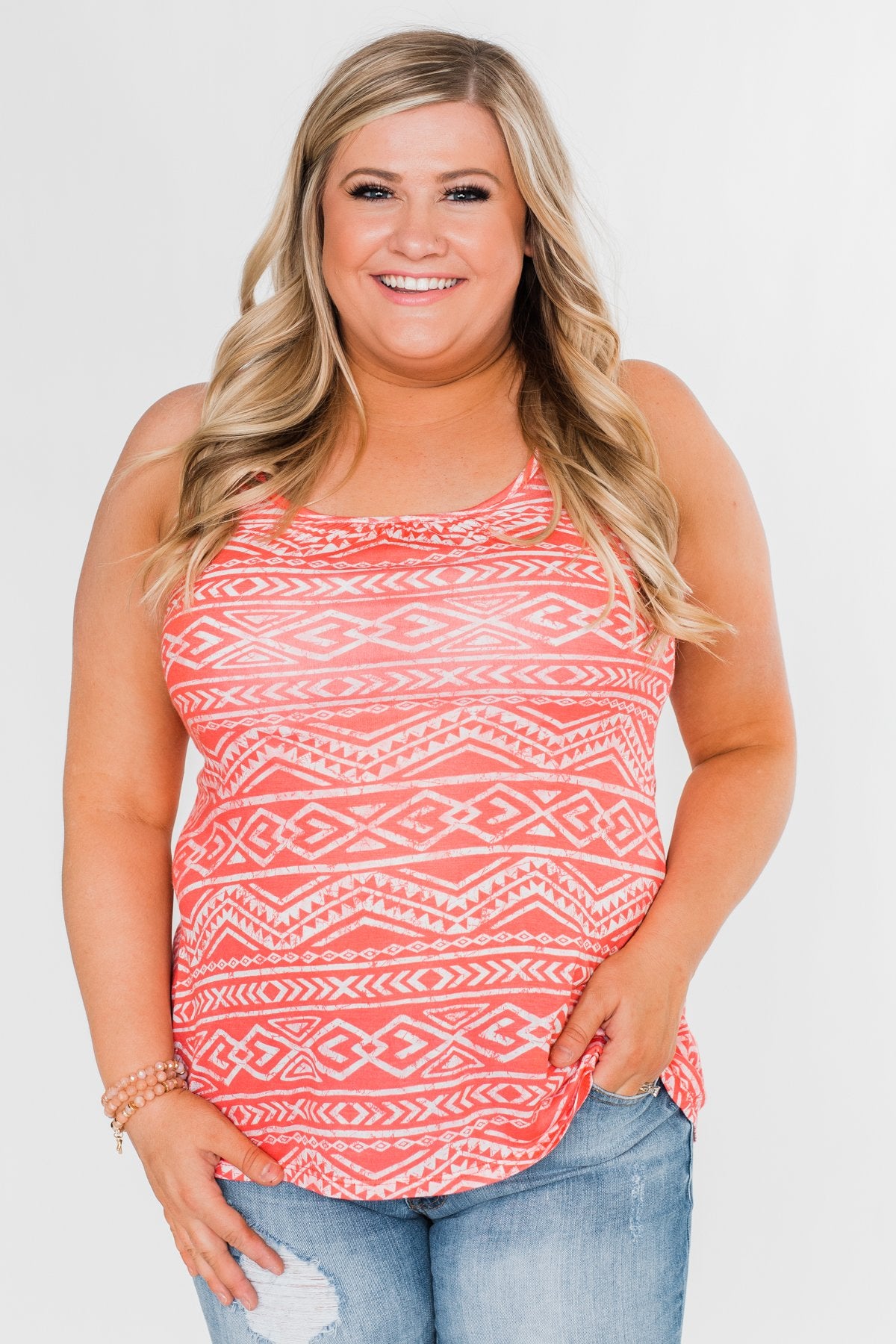 Doing Just Fine Aztec Tank Top- Coral