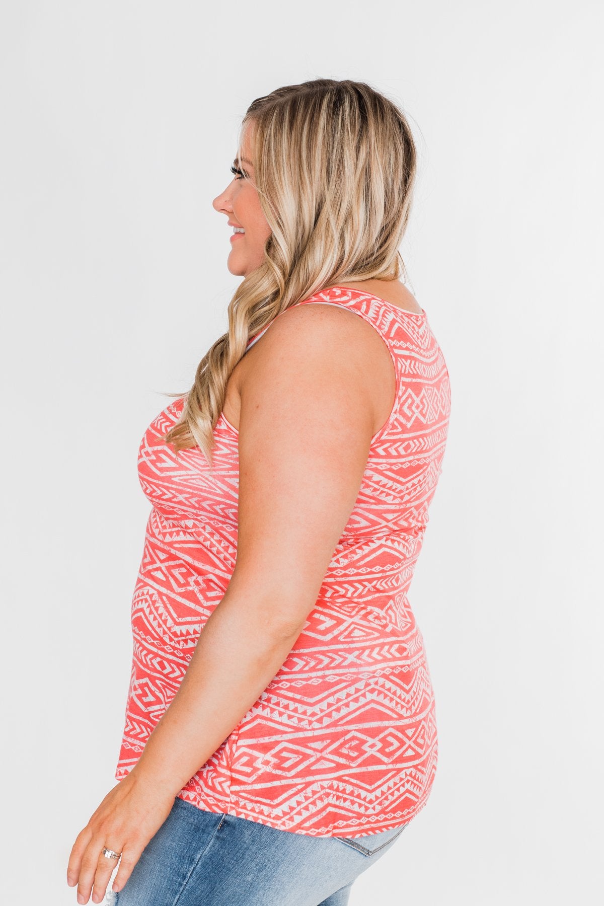 Doing Just Fine Aztec Tank Top- Coral