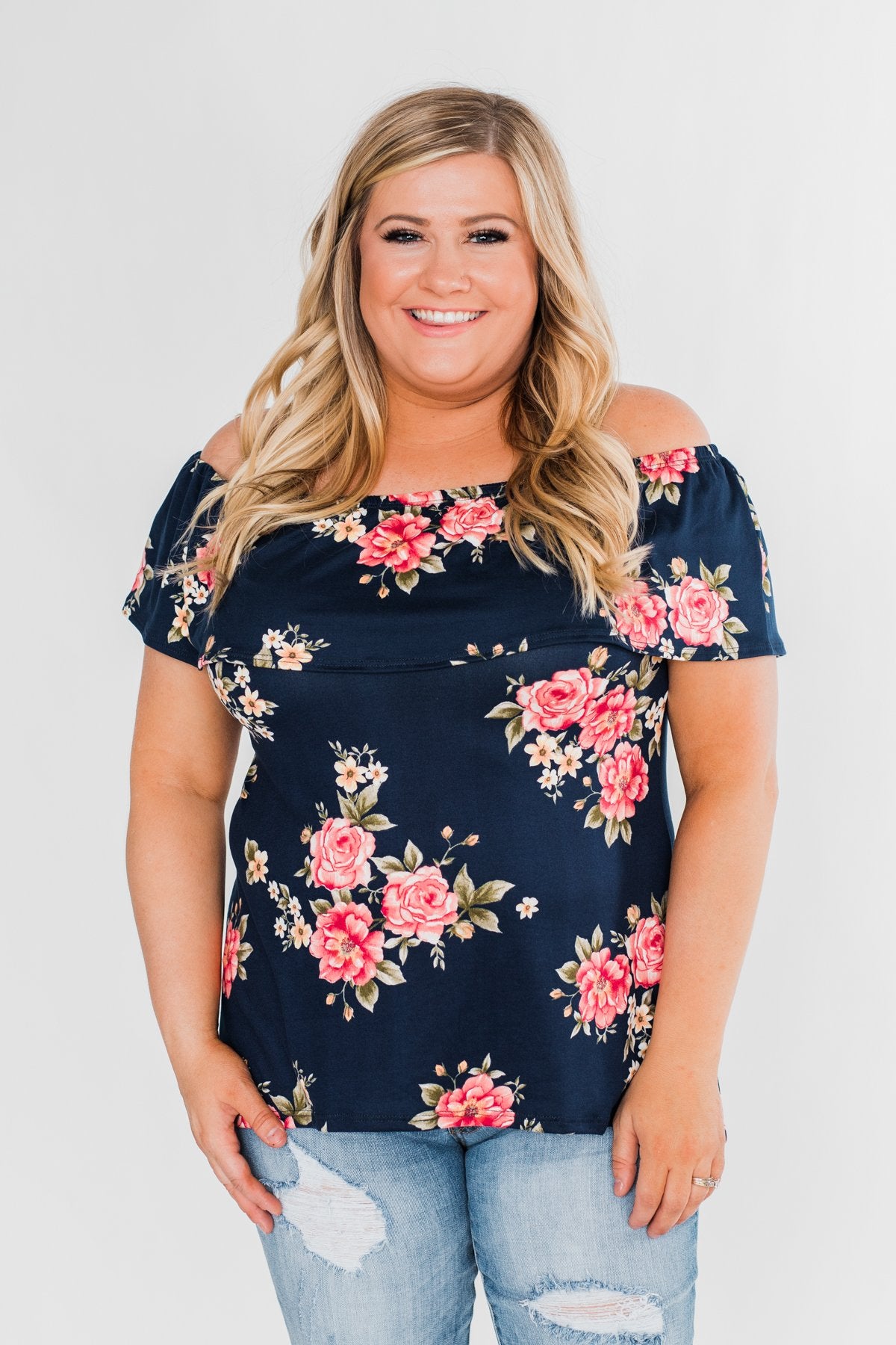 Island Beauty Off The Shoulder Floral Top- Navy