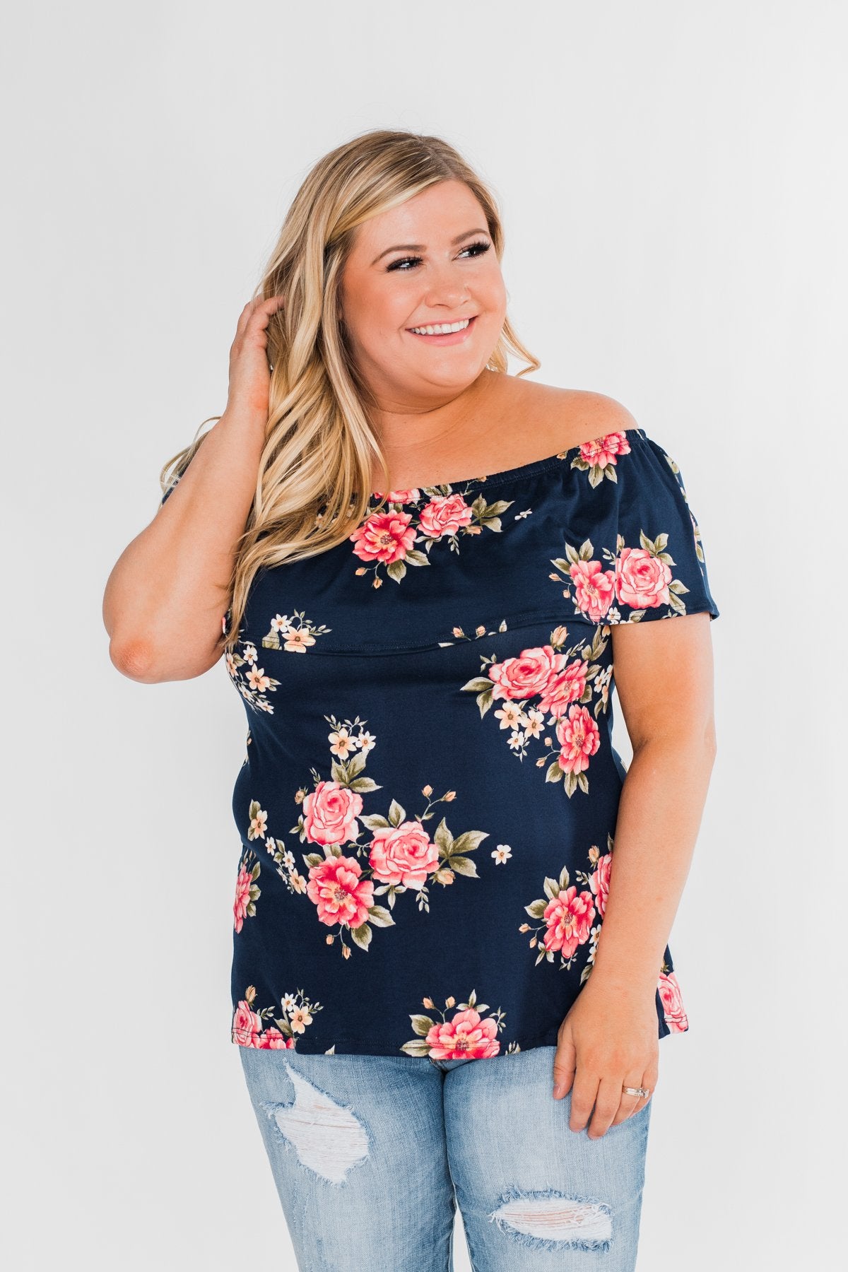 Island Beauty Off The Shoulder Floral Top- Navy