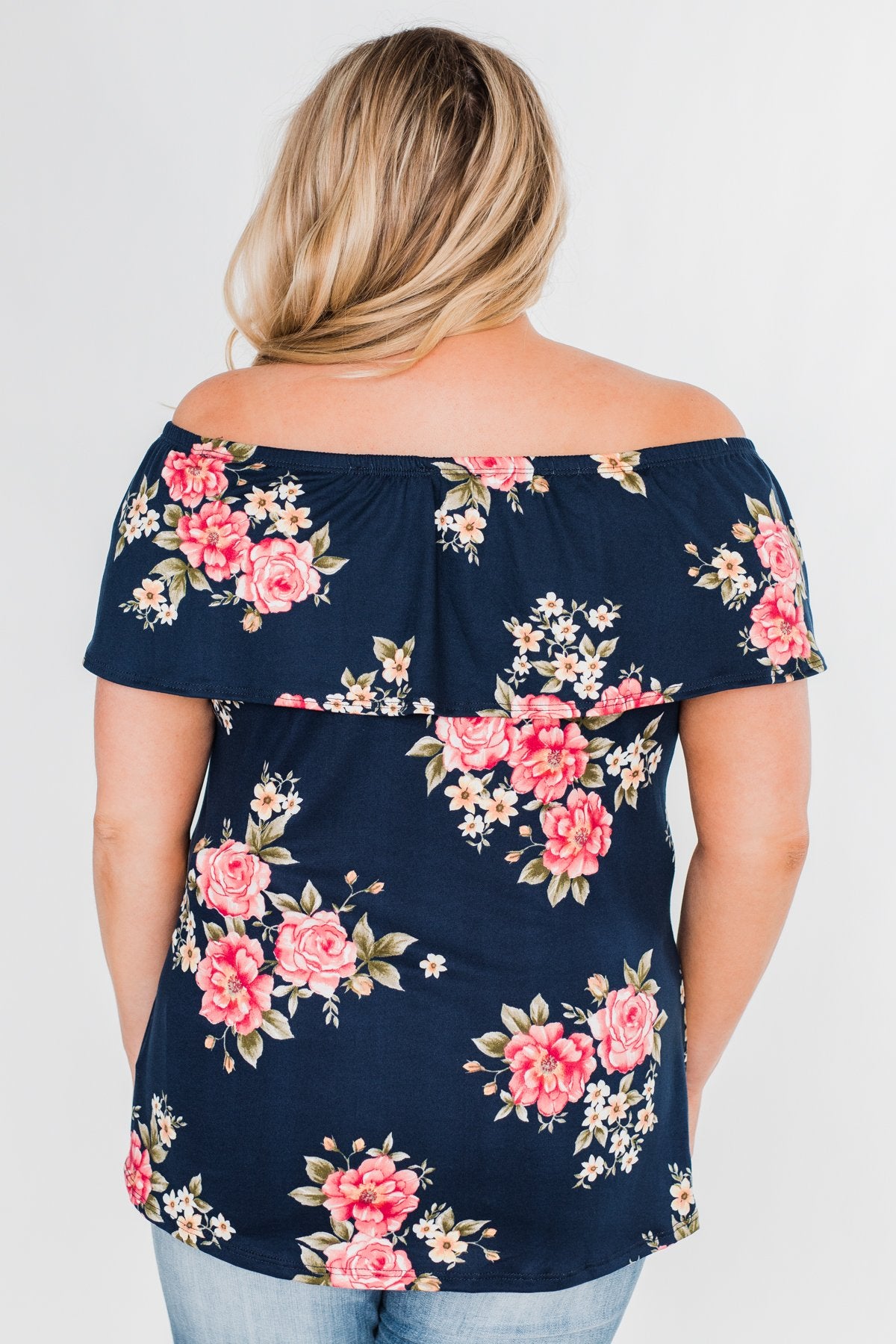 Island Beauty Off The Shoulder Floral Top- Navy