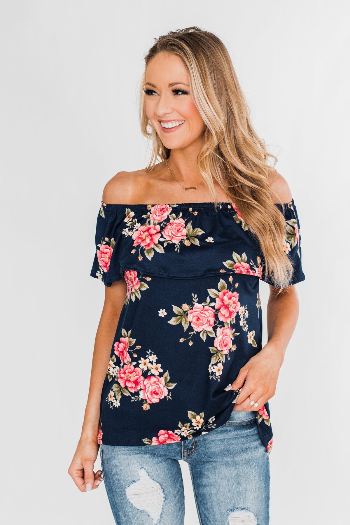 Island Beauty Off The Shoulder Floral Top- Navy