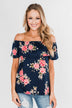 Island Beauty Off The Shoulder Floral Top- Navy
