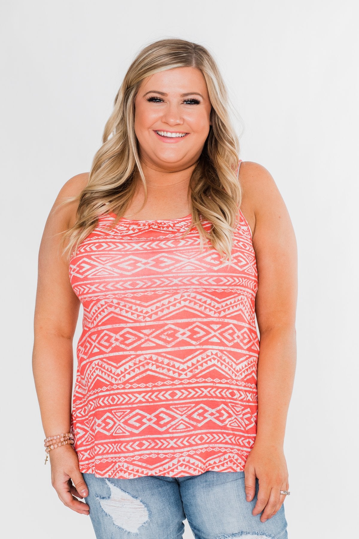 Doing Just Fine Aztec Tank Top- Coral