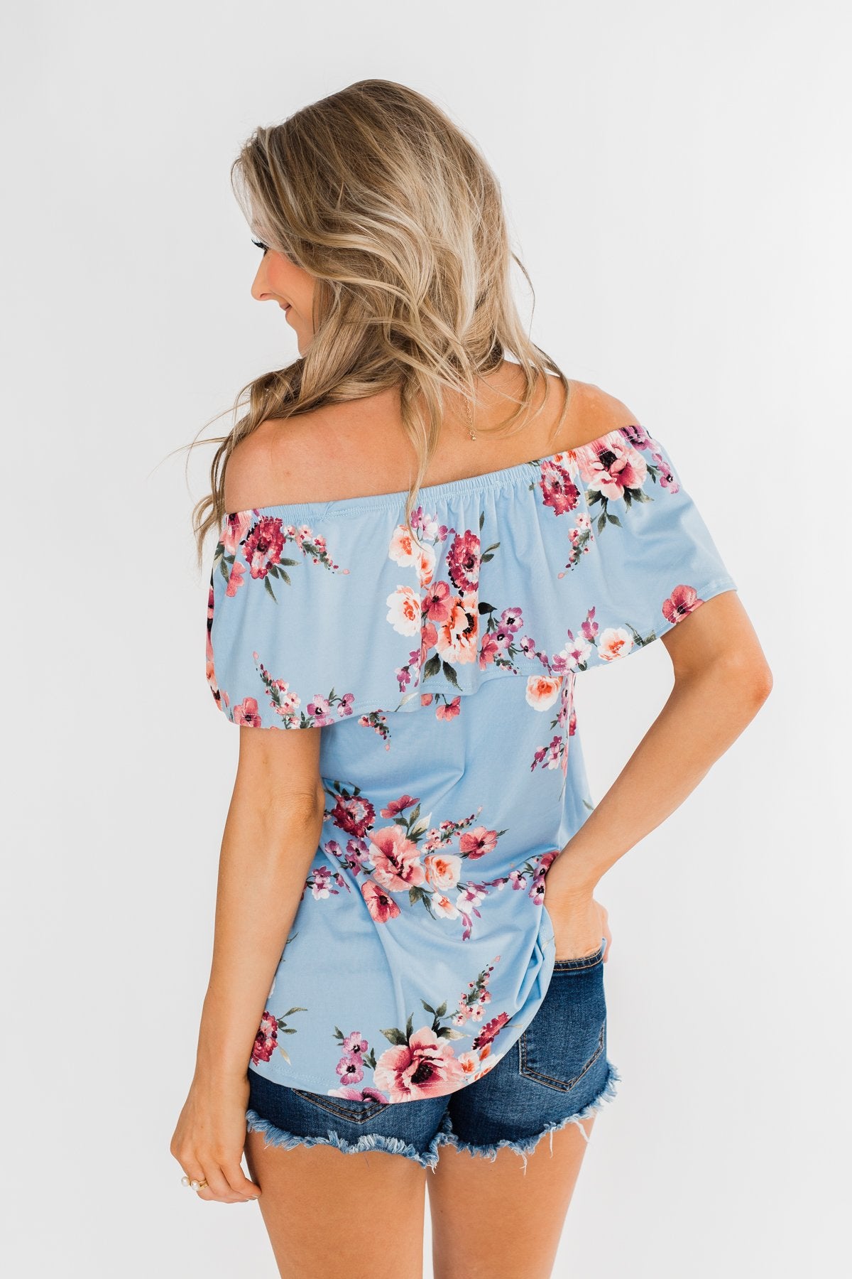 Island Beauty Off The Shoulder Floral Top- Sky Blue