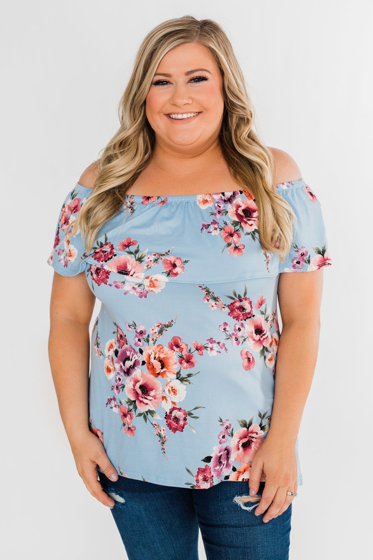 Island Beauty Off The Shoulder Floral Top- Sky Blue