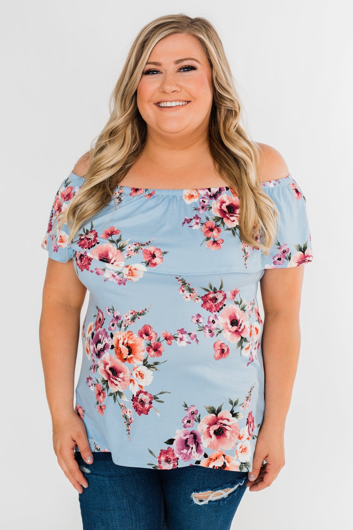 Island Beauty Off The Shoulder Floral Top- Sky Blue