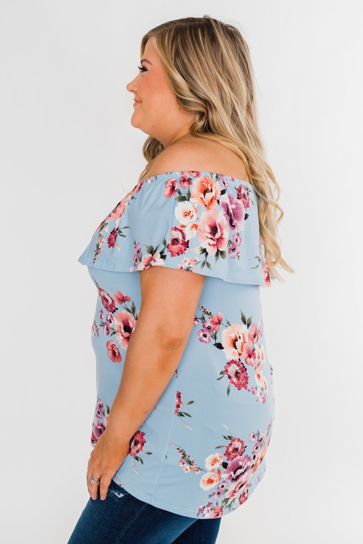 Island Beauty Off The Shoulder Floral Top- Sky Blue
