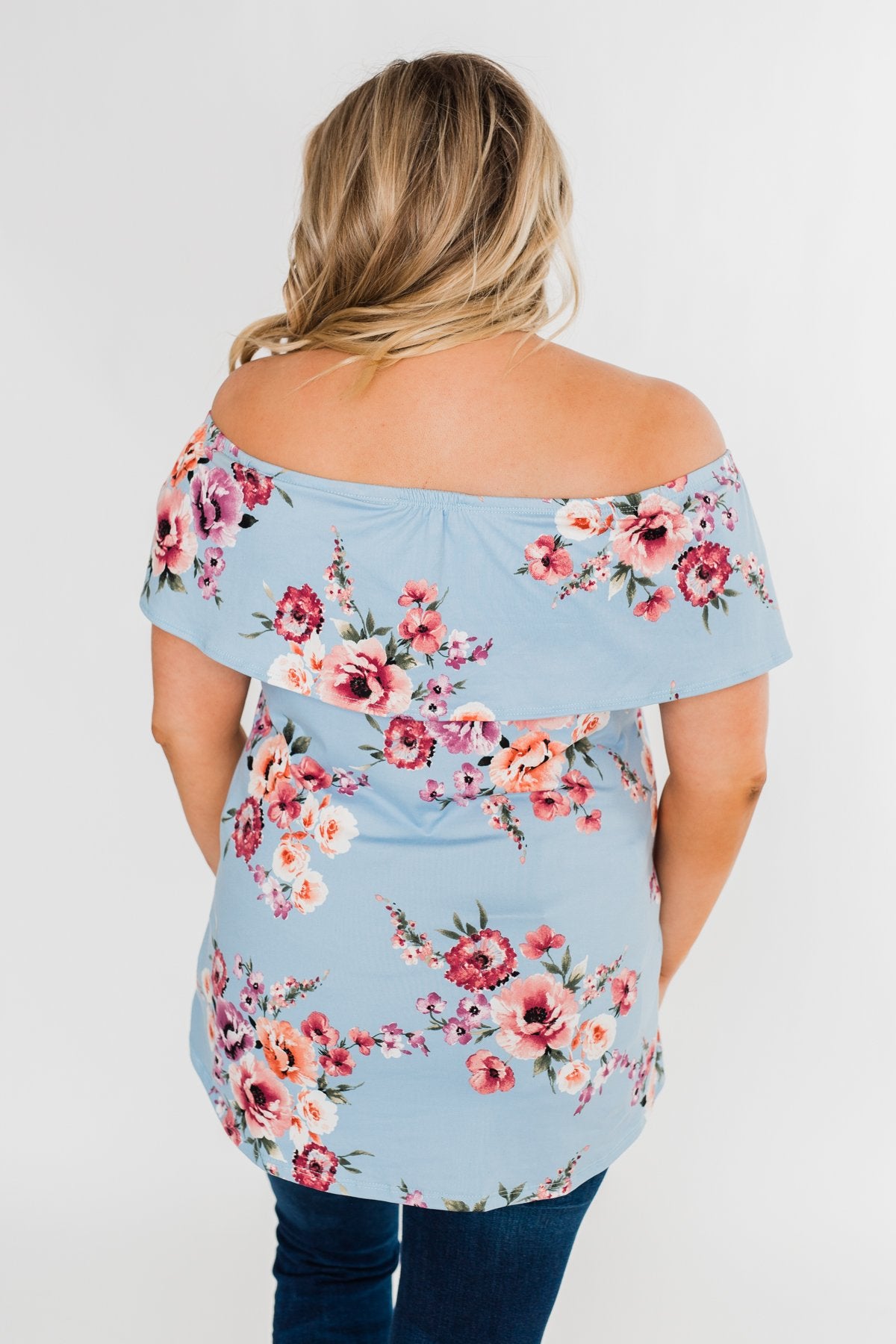 Island Beauty Off The Shoulder Floral Top- Sky Blue