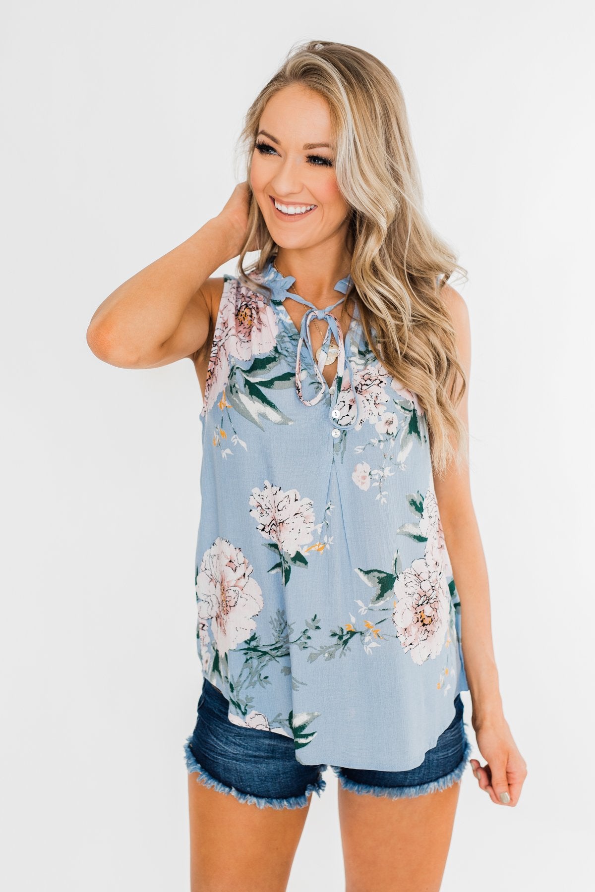 Sweet As Can Be Floral Tie Tank Top- Powder Blue