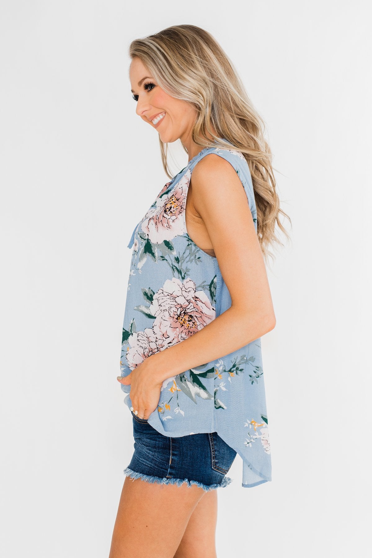 Sweet As Can Be Floral Tie Tank Top- Powder Blue