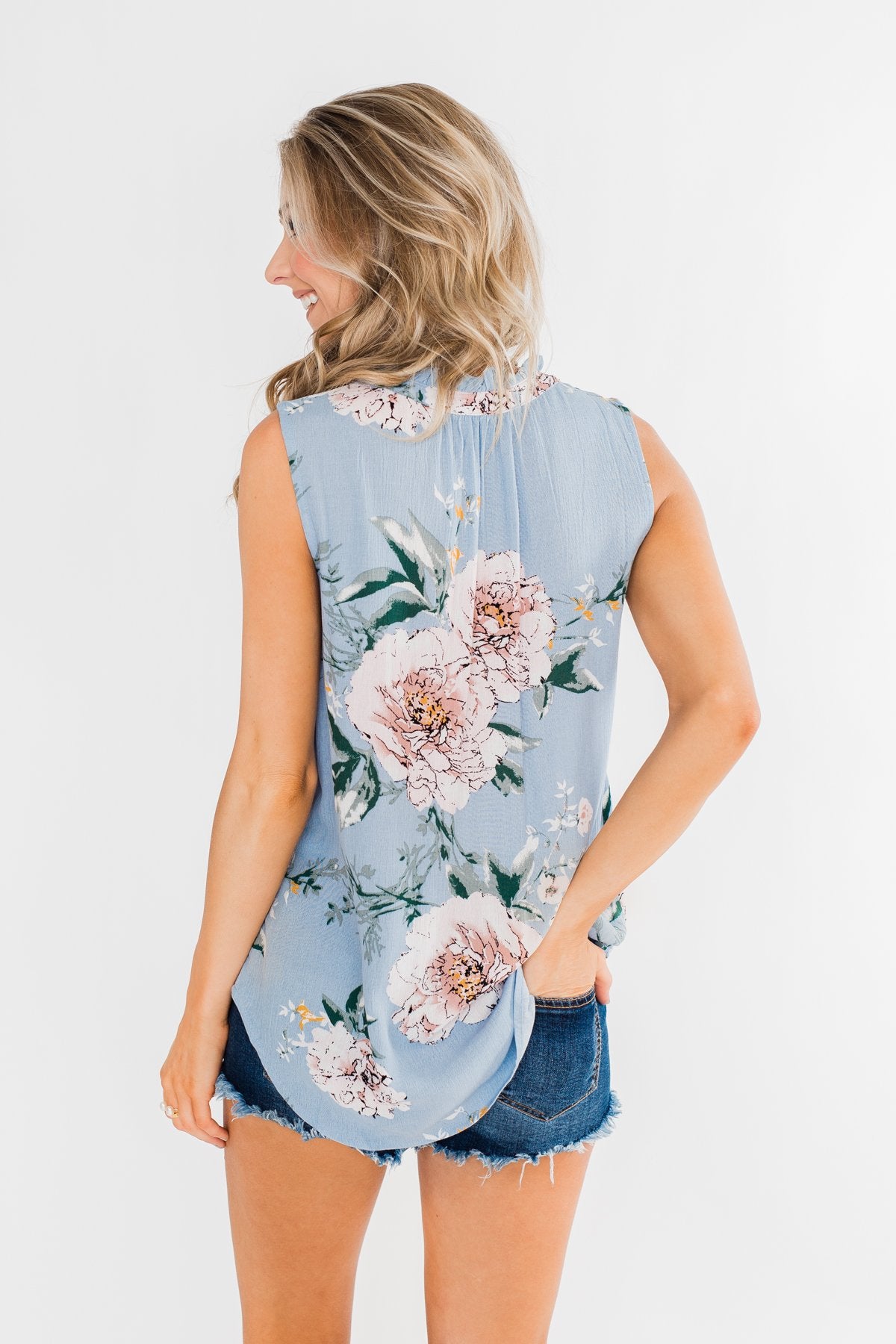 Sweet As Can Be Floral Tie Tank Top- Powder Blue