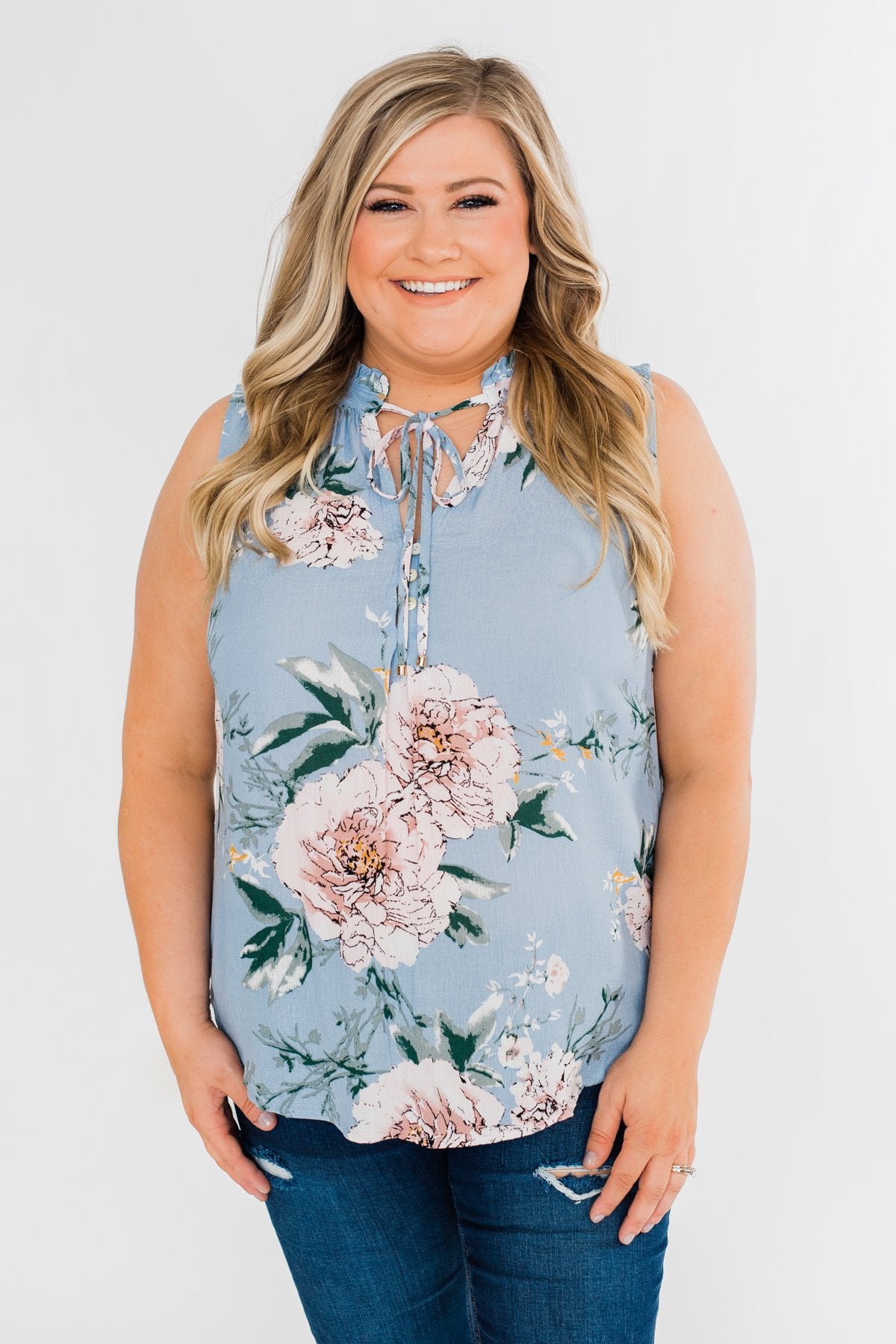 Sweet As Can Be Floral Tie Tank Top- Powder Blue