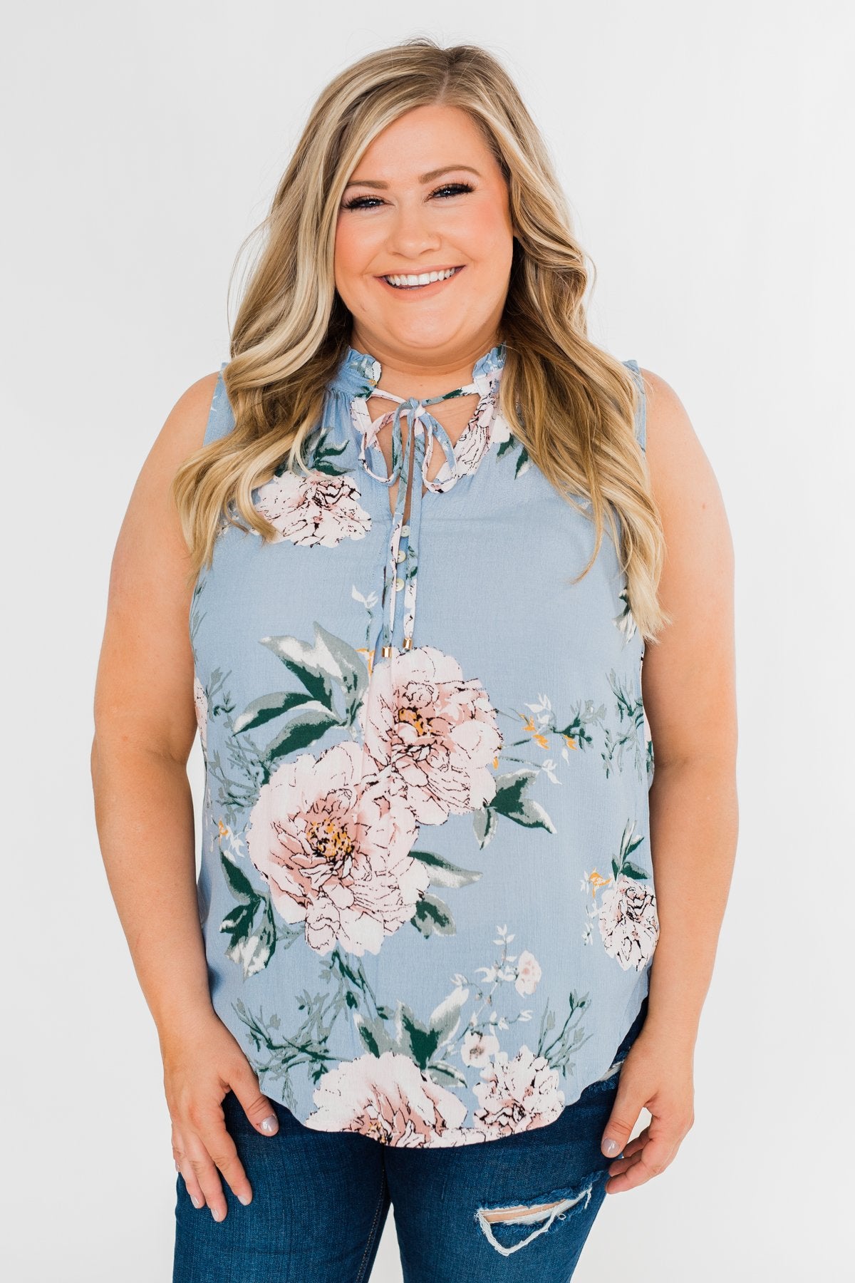 Sweet As Can Be Floral Tie Tank Top- Powder Blue