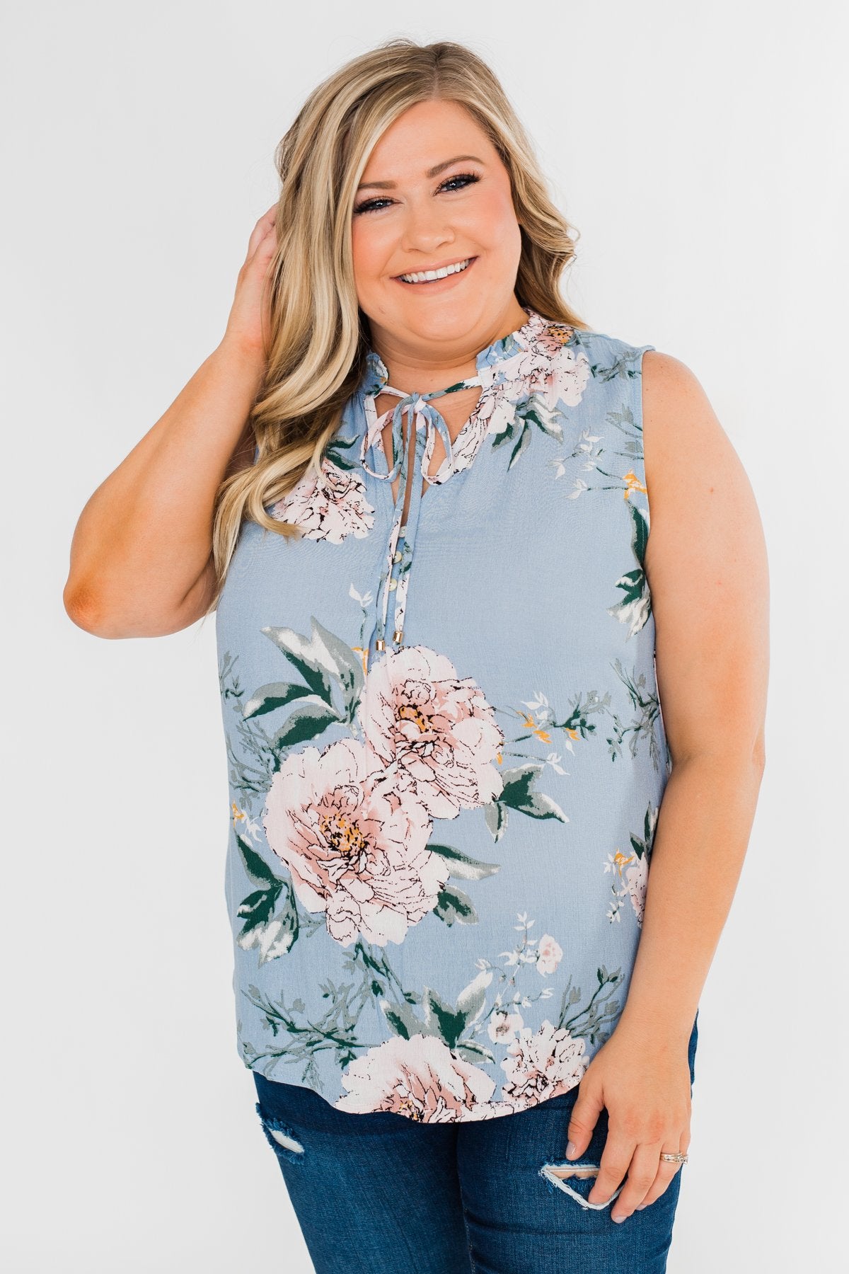 Sweet As Can Be Floral Tie Tank Top- Powder Blue
