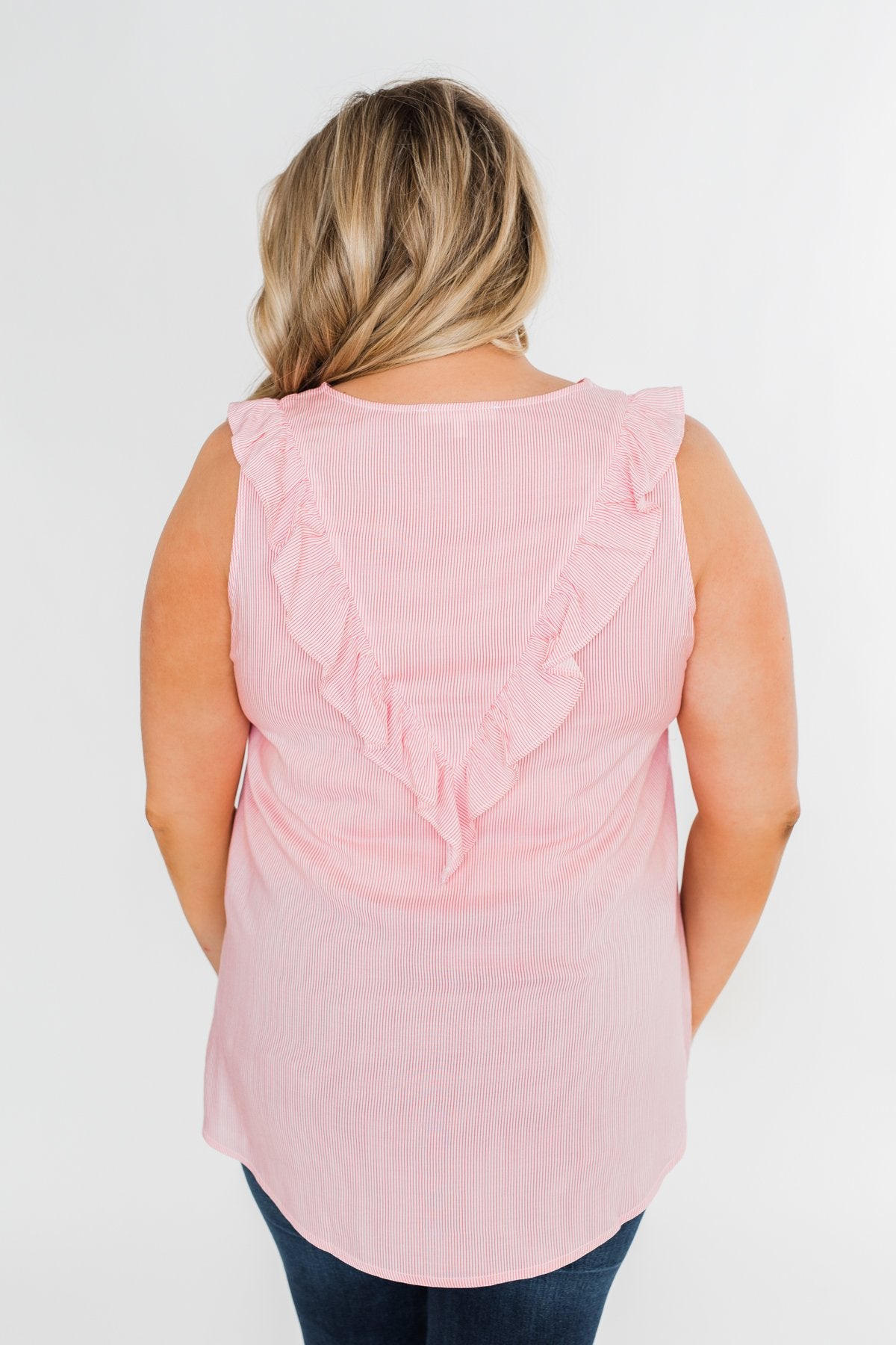 All Eyes On Me Striped Ruffle Tank Top- Pink
