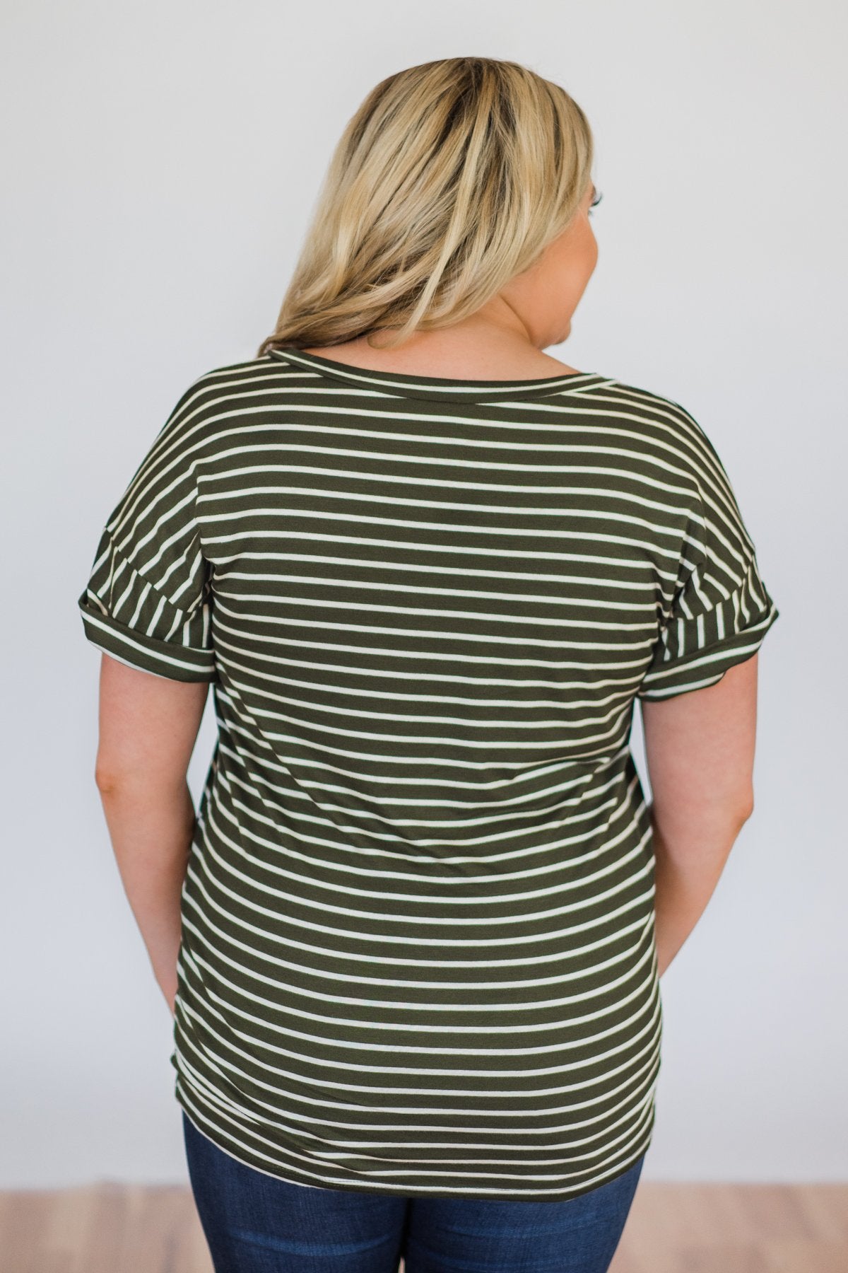 The Perfect Striped Pocket Tee- Olive & White