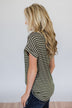 The Perfect Striped Pocket Tee- Olive & White