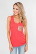 Hello Gorgeous Sequin Pocket Top- Dark Coral