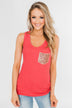 Hello Gorgeous Sequin Pocket Top- Dark Coral