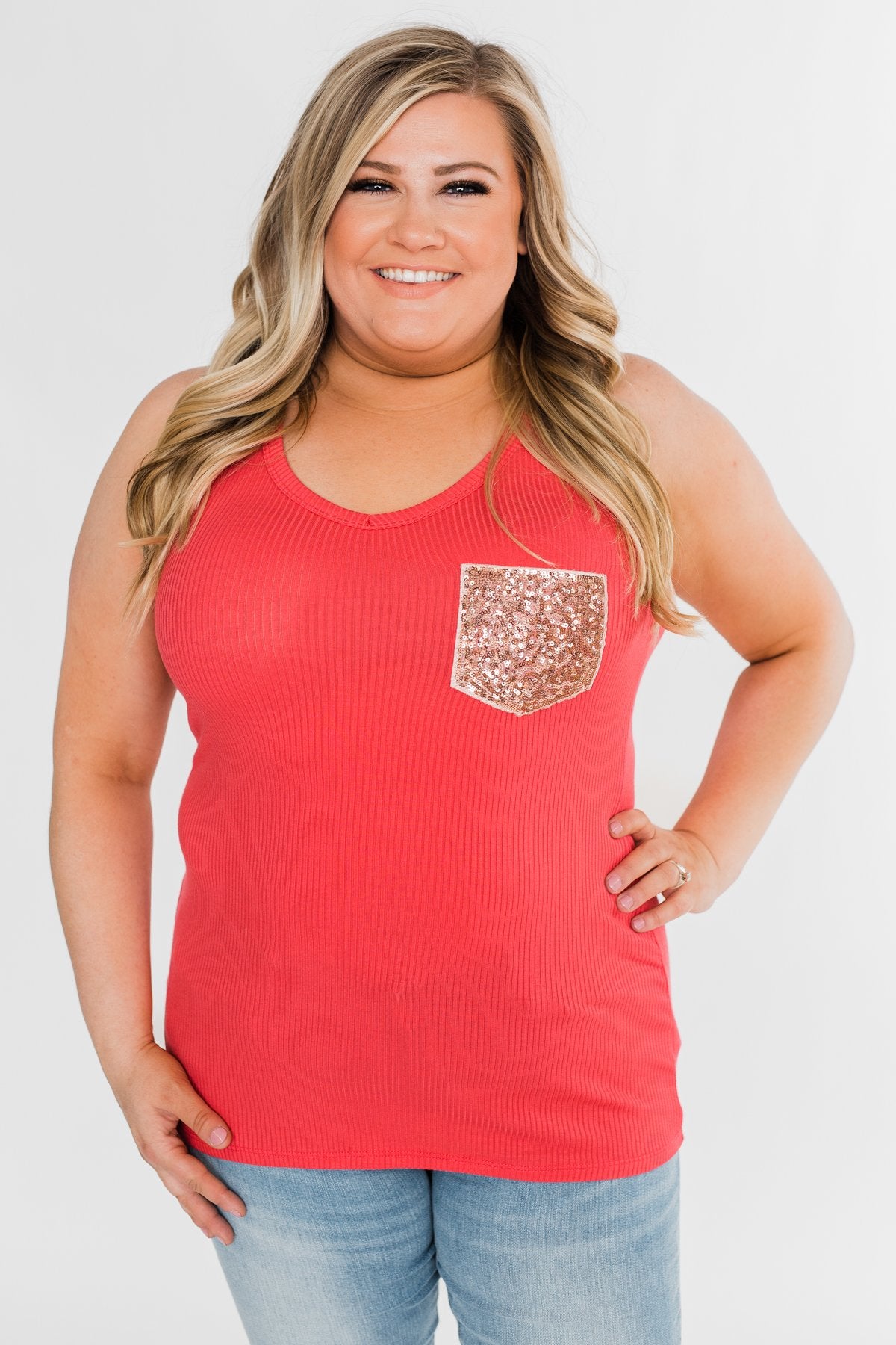 Hello Gorgeous Sequin Pocket Top- Dark Coral