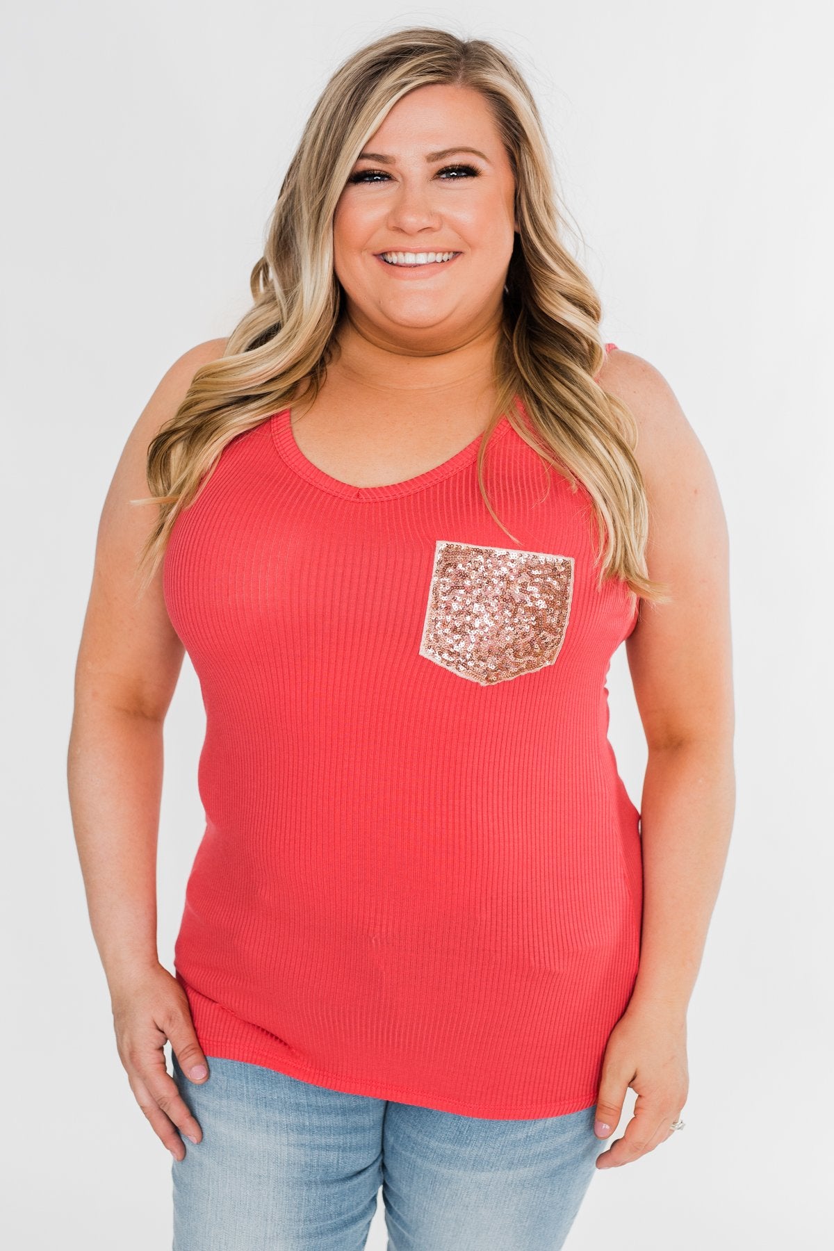 Hello Gorgeous Sequin Pocket Top- Dark Coral