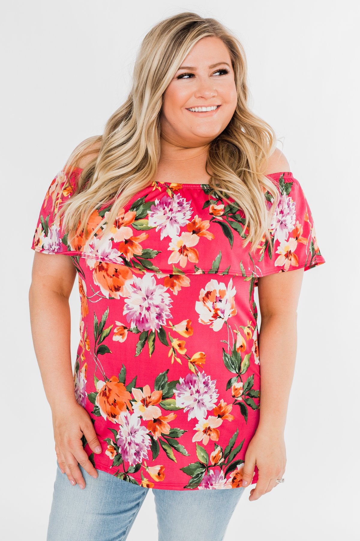 Tropical Oasis Off The Shoulder Floral Top- Fuchsia