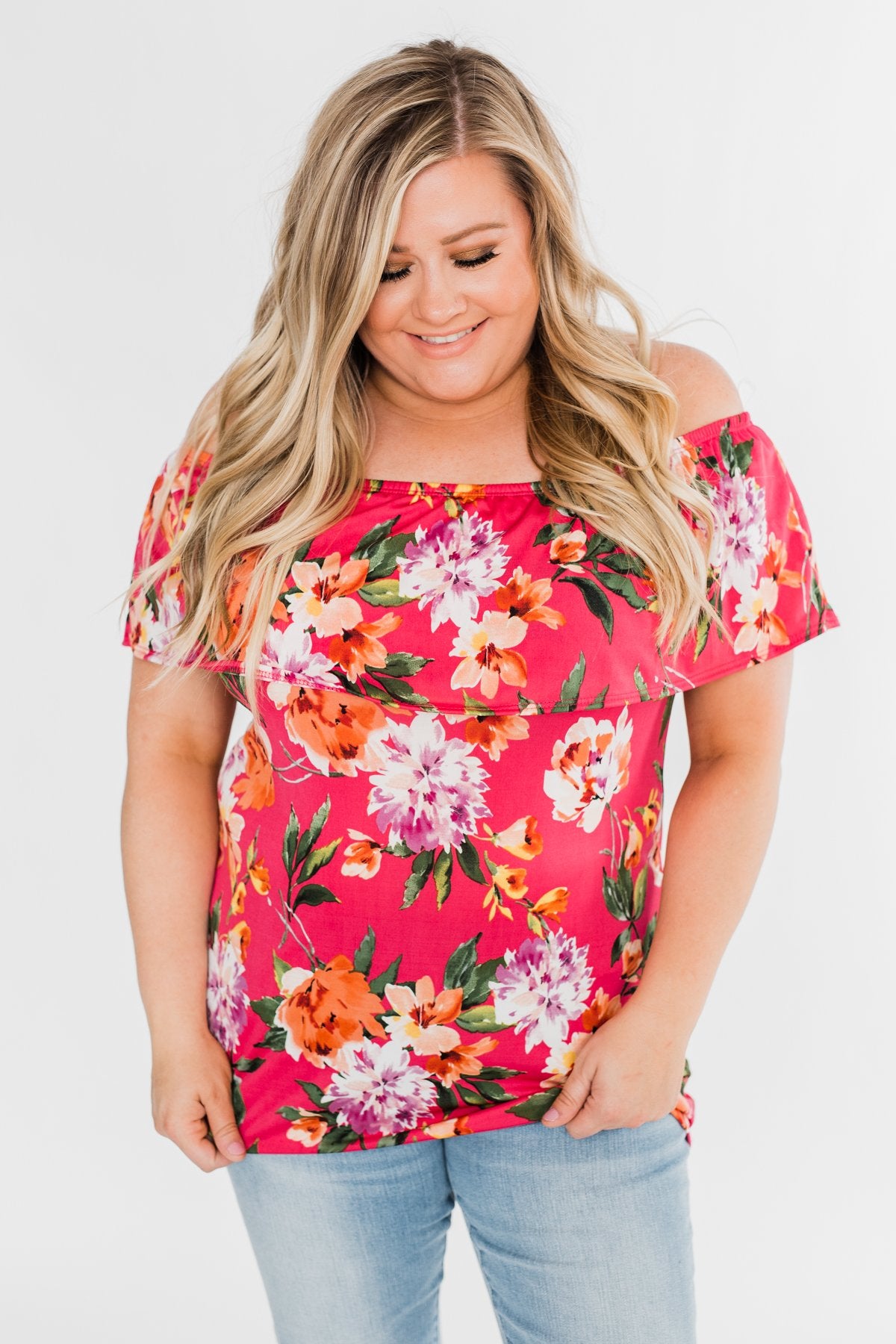 Tropical Oasis Off The Shoulder Floral Top- Fuchsia