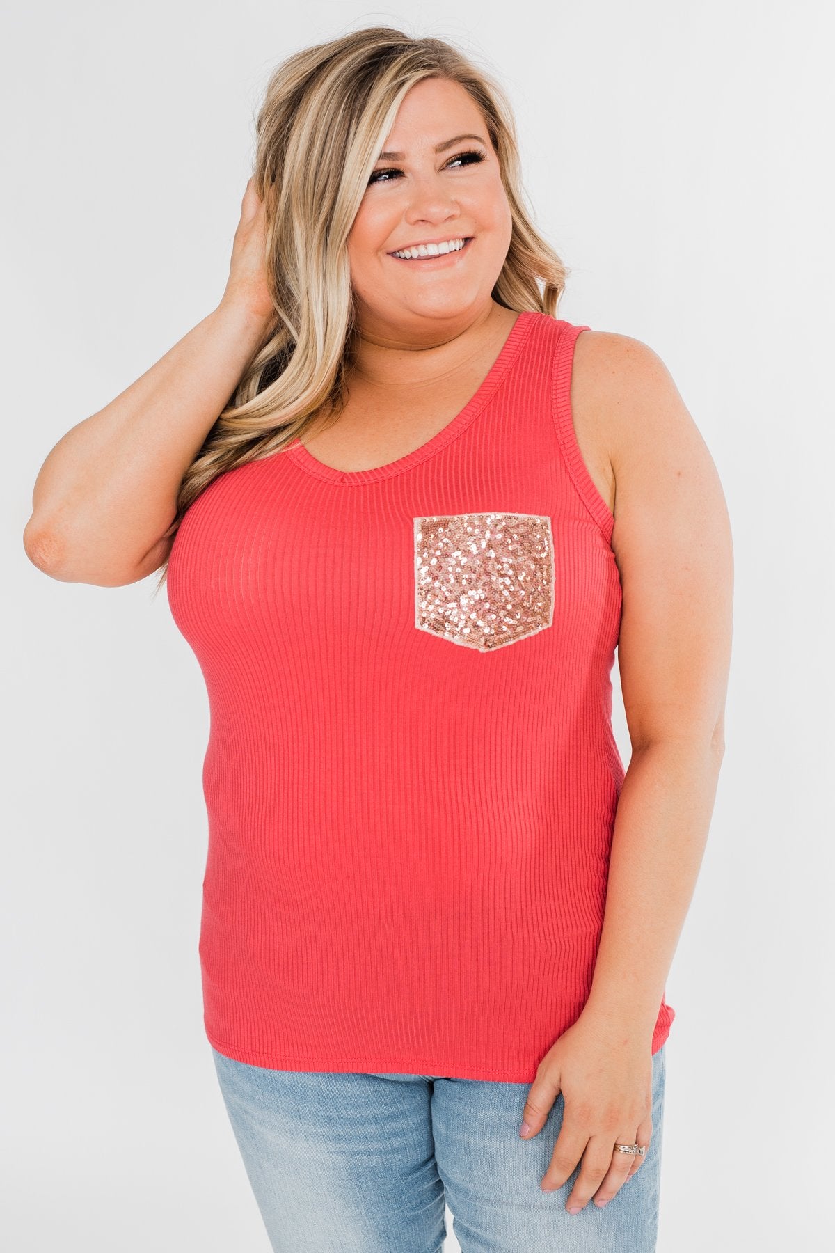 Hello Gorgeous Sequin Pocket Top- Dark Coral