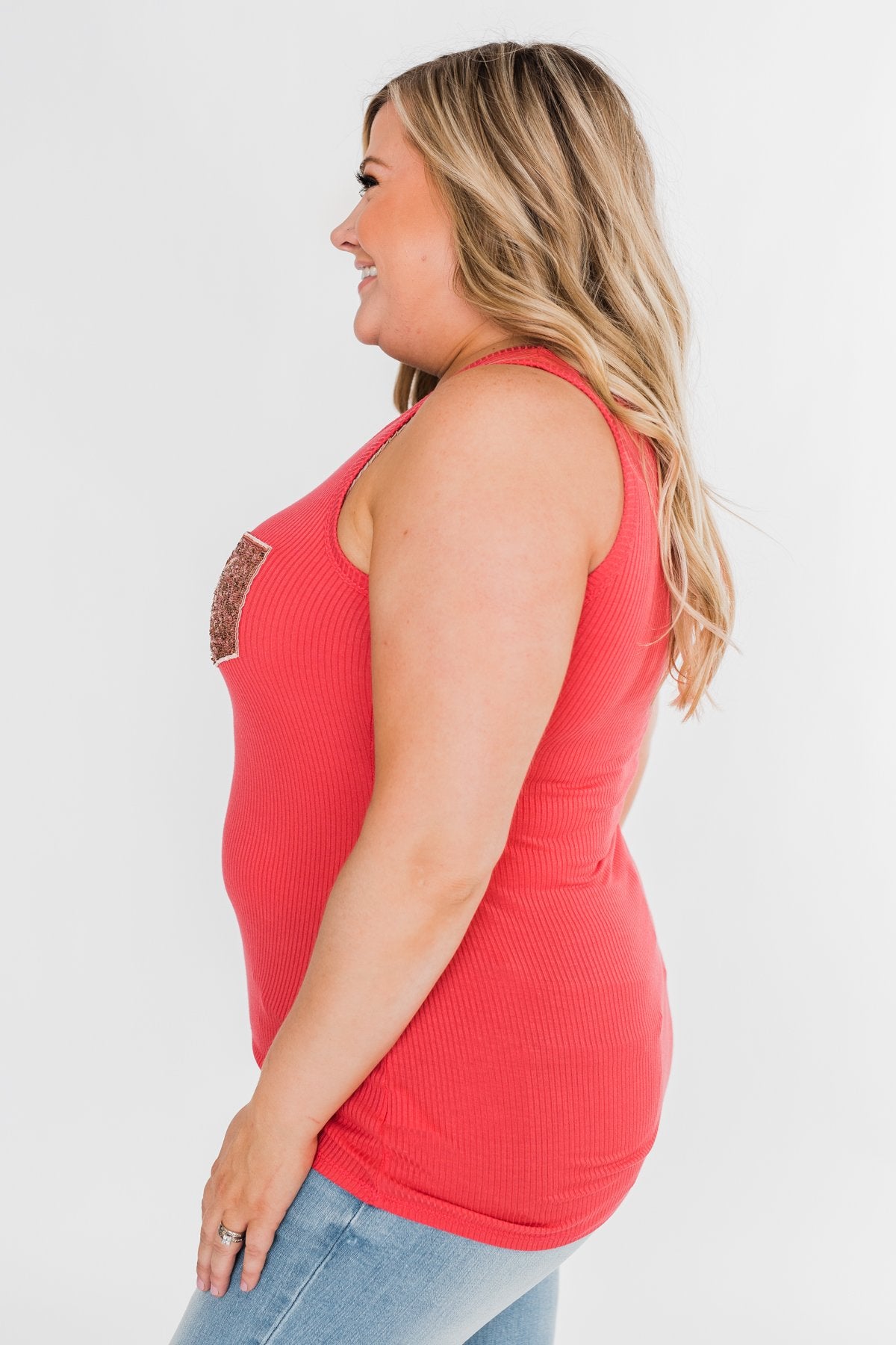 Hello Gorgeous Sequin Pocket Top- Dark Coral